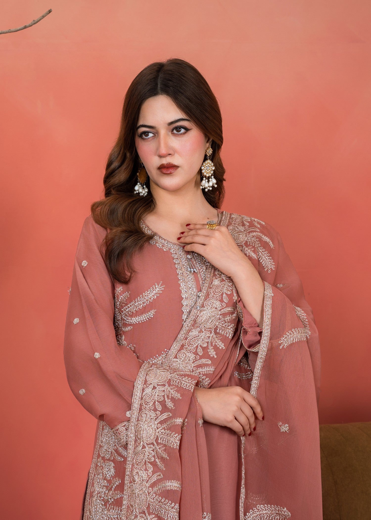 chiffon Kurta Set in Melon pink