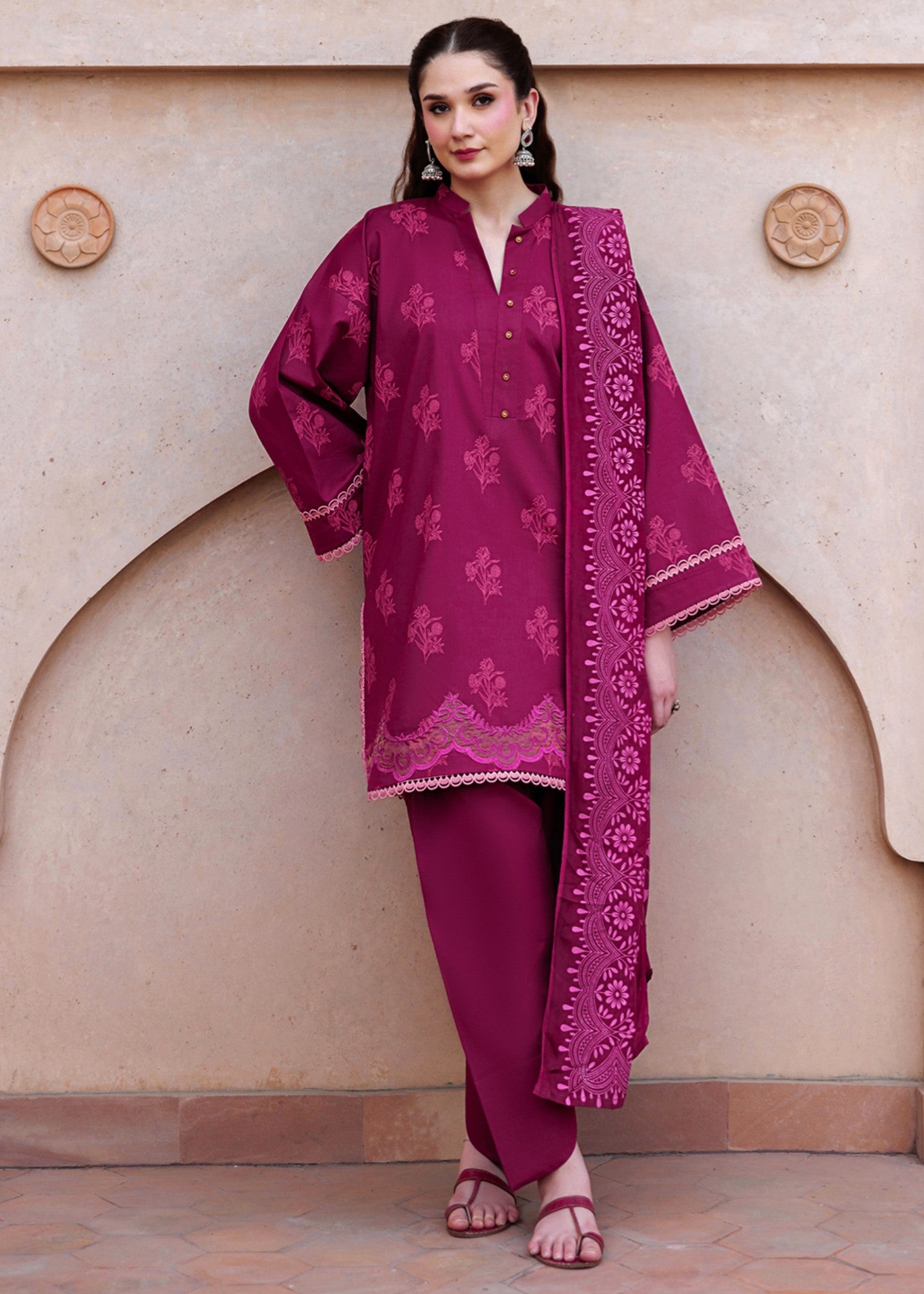 lawn cotton Kurta Set in Shocking pink
