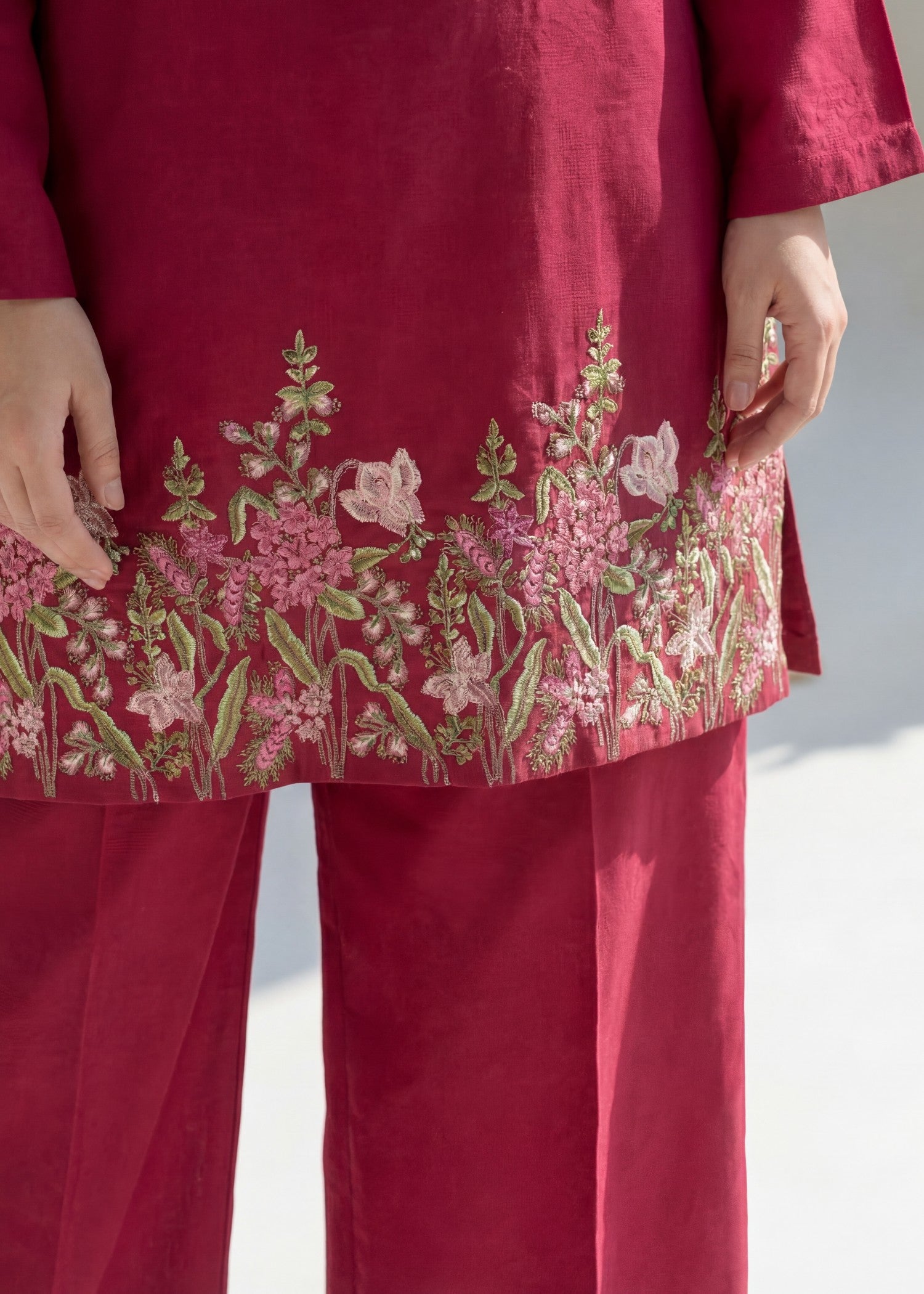 textured lawn Kurta Set in Crimson