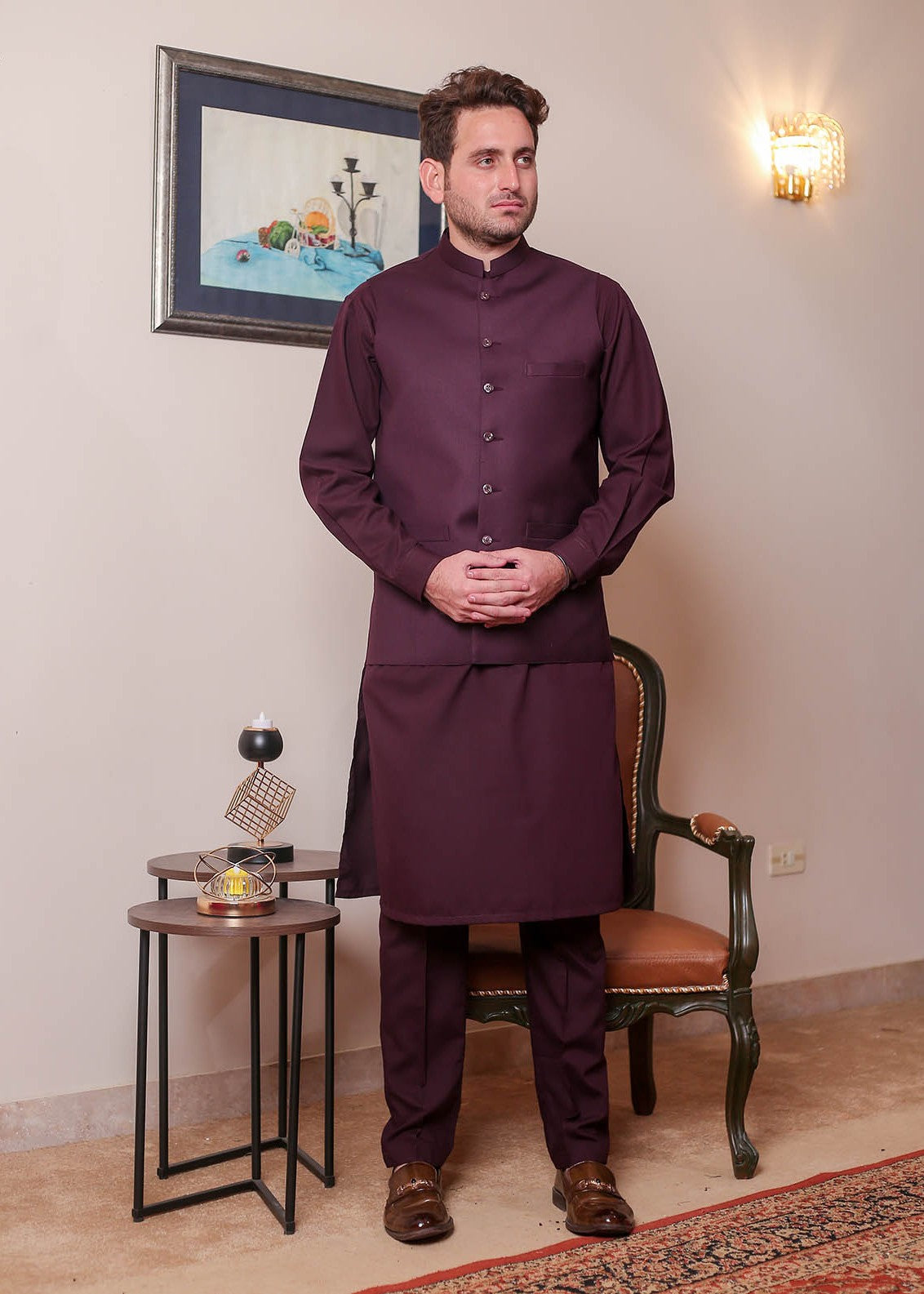 banarsi silk Waistcoat in Burgundy