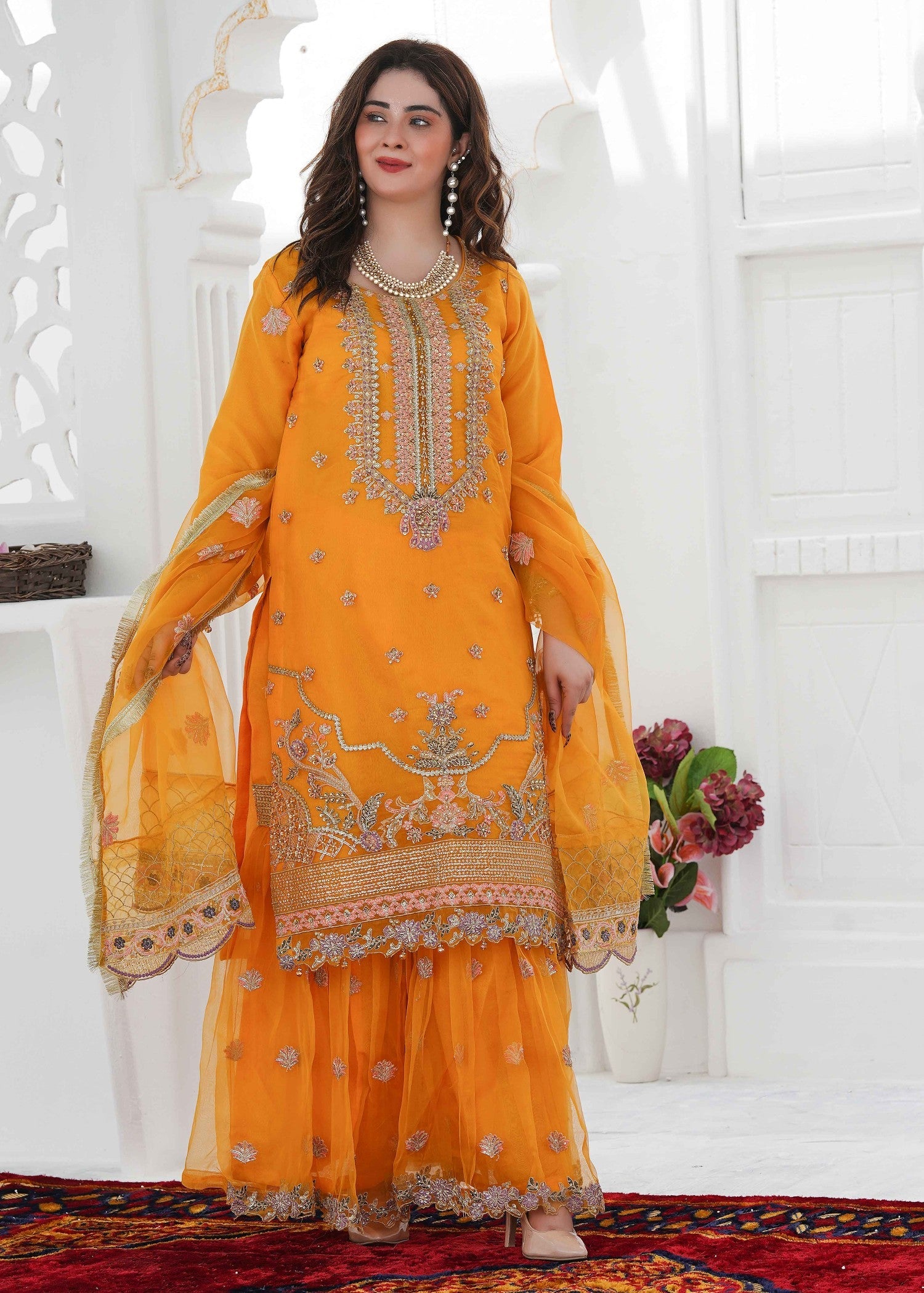 organza Gharara in Golden orange