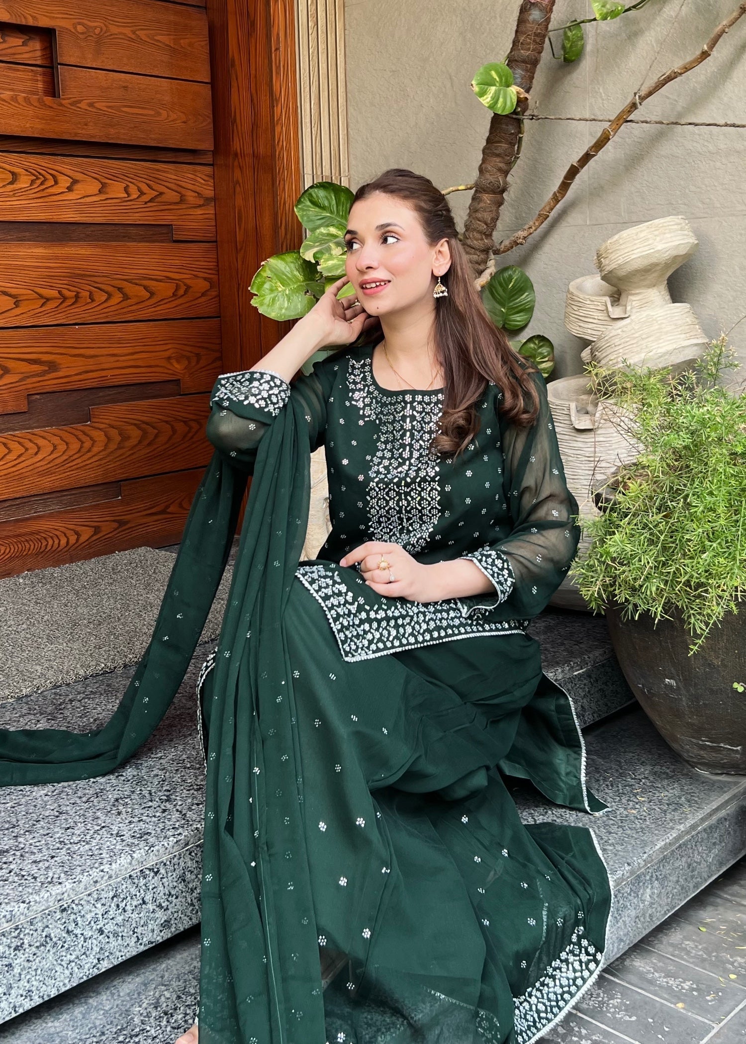 chiffon Sharara in Bottle green