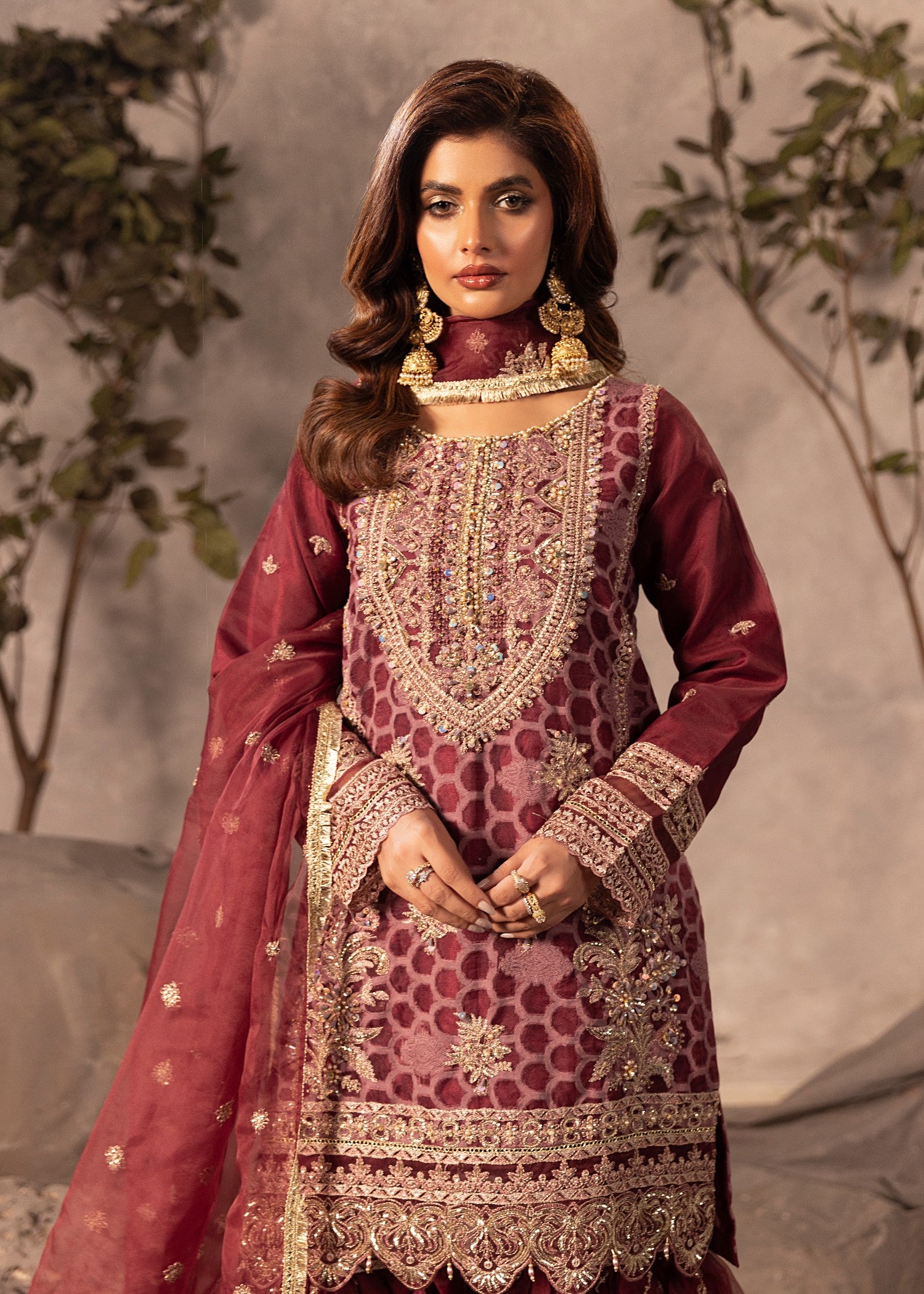 organza Gharara in Maroon