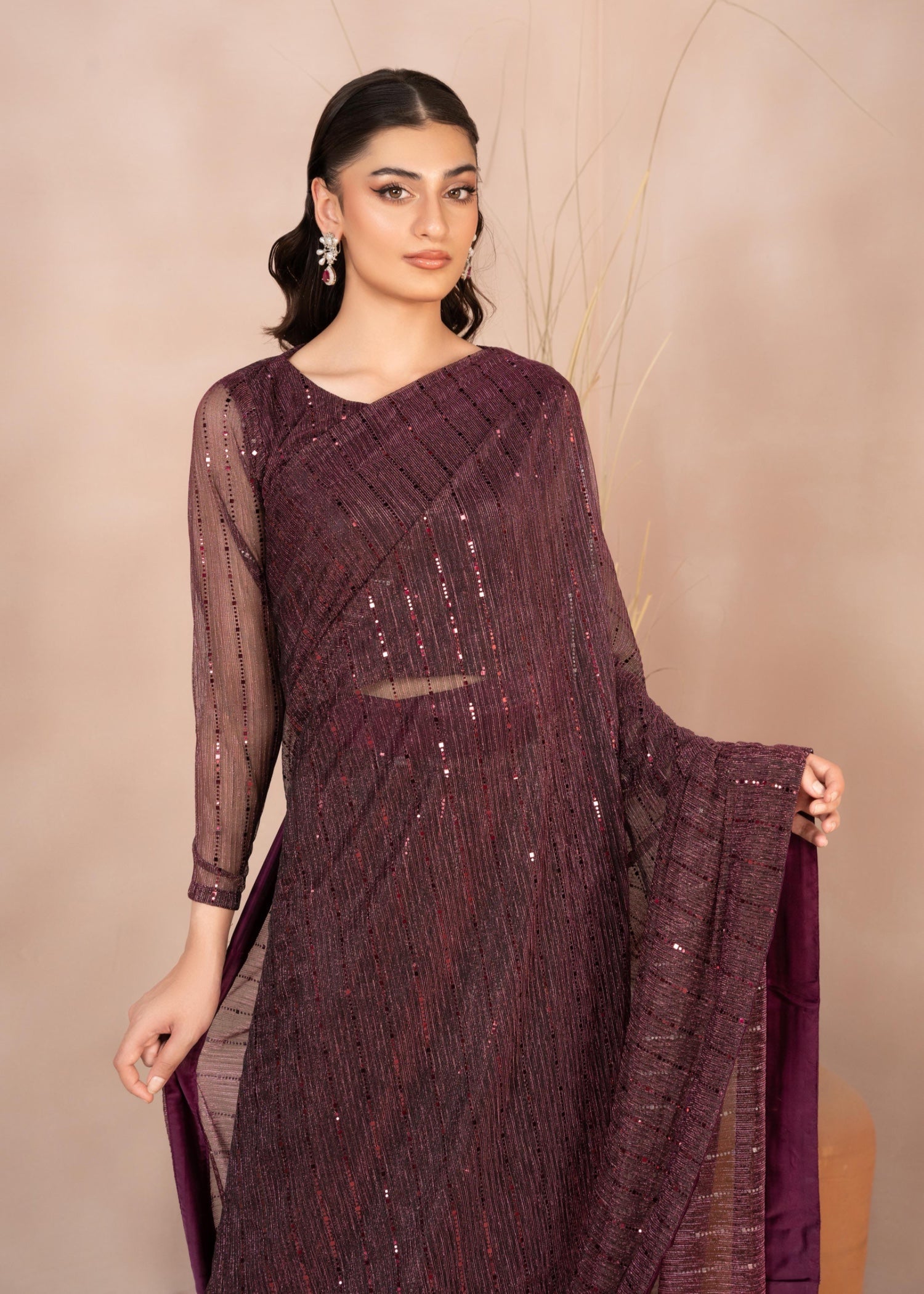 net Saree in Plum