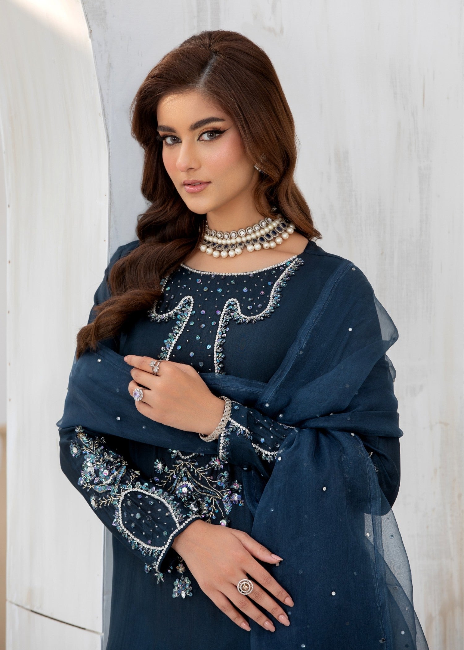 korean raw silk Kurta Set in Midnight blue