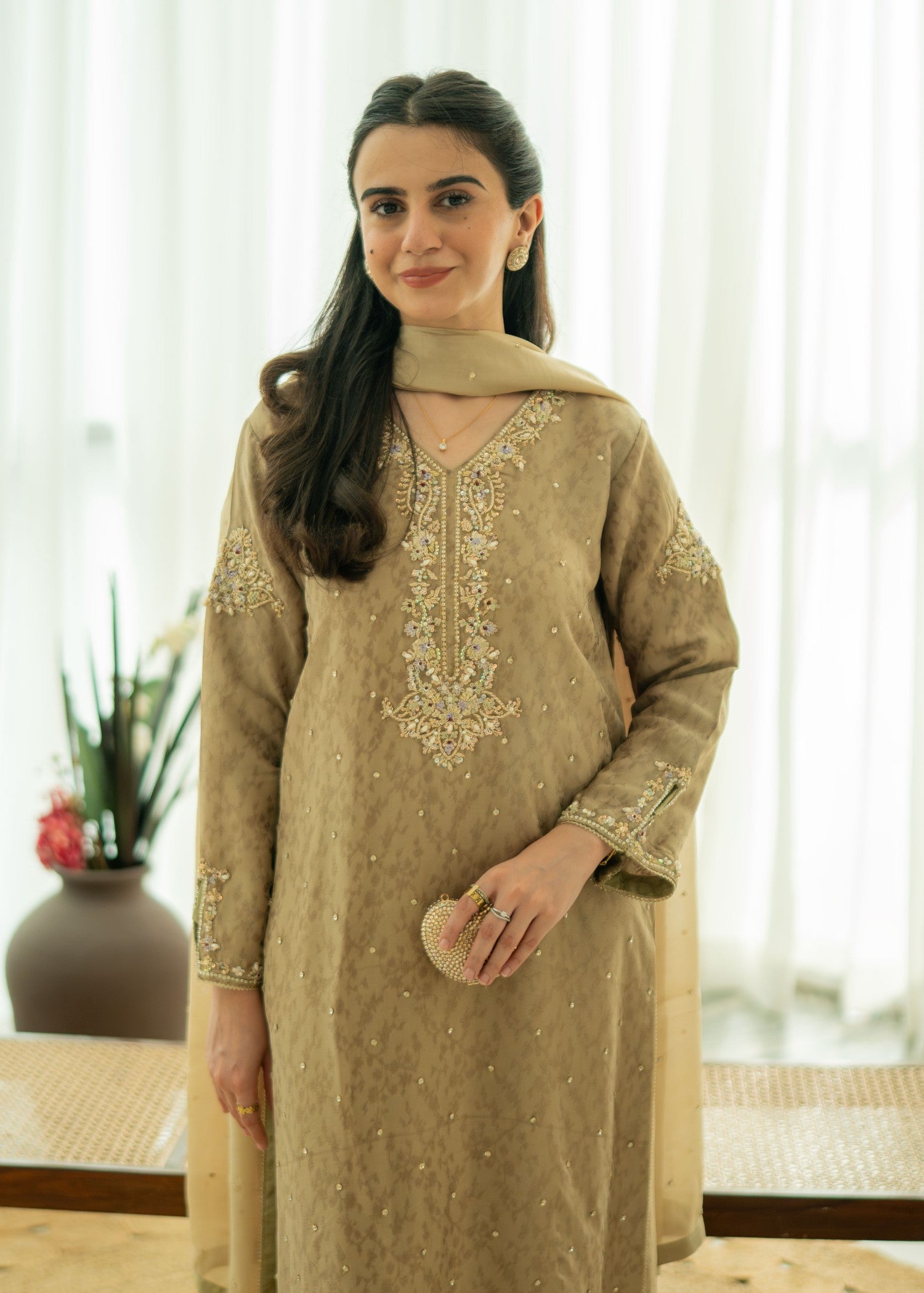 silk Kurta Set in Camel brown