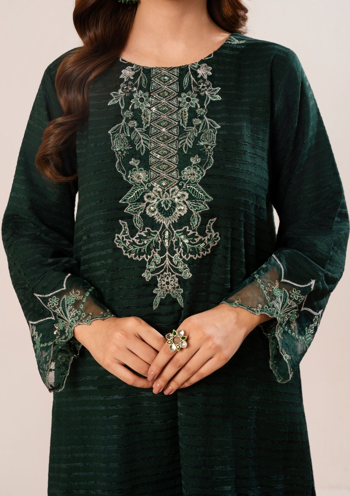 velvet jacquard Kurta Set in Bottle green