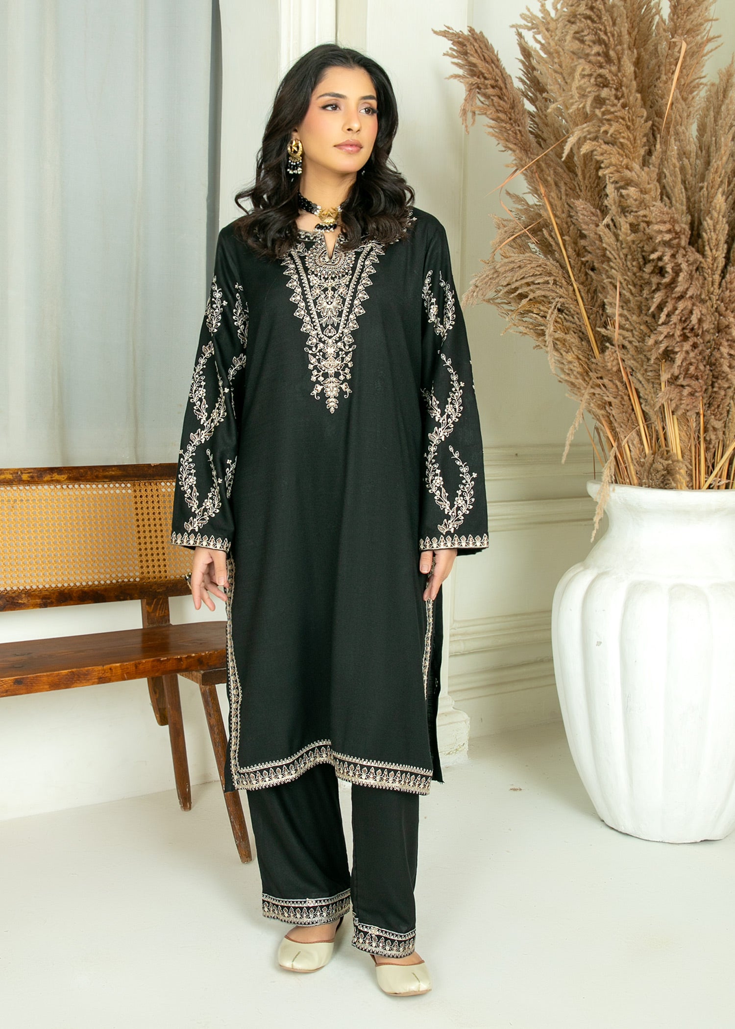 peach wool Kurta Set in Black
