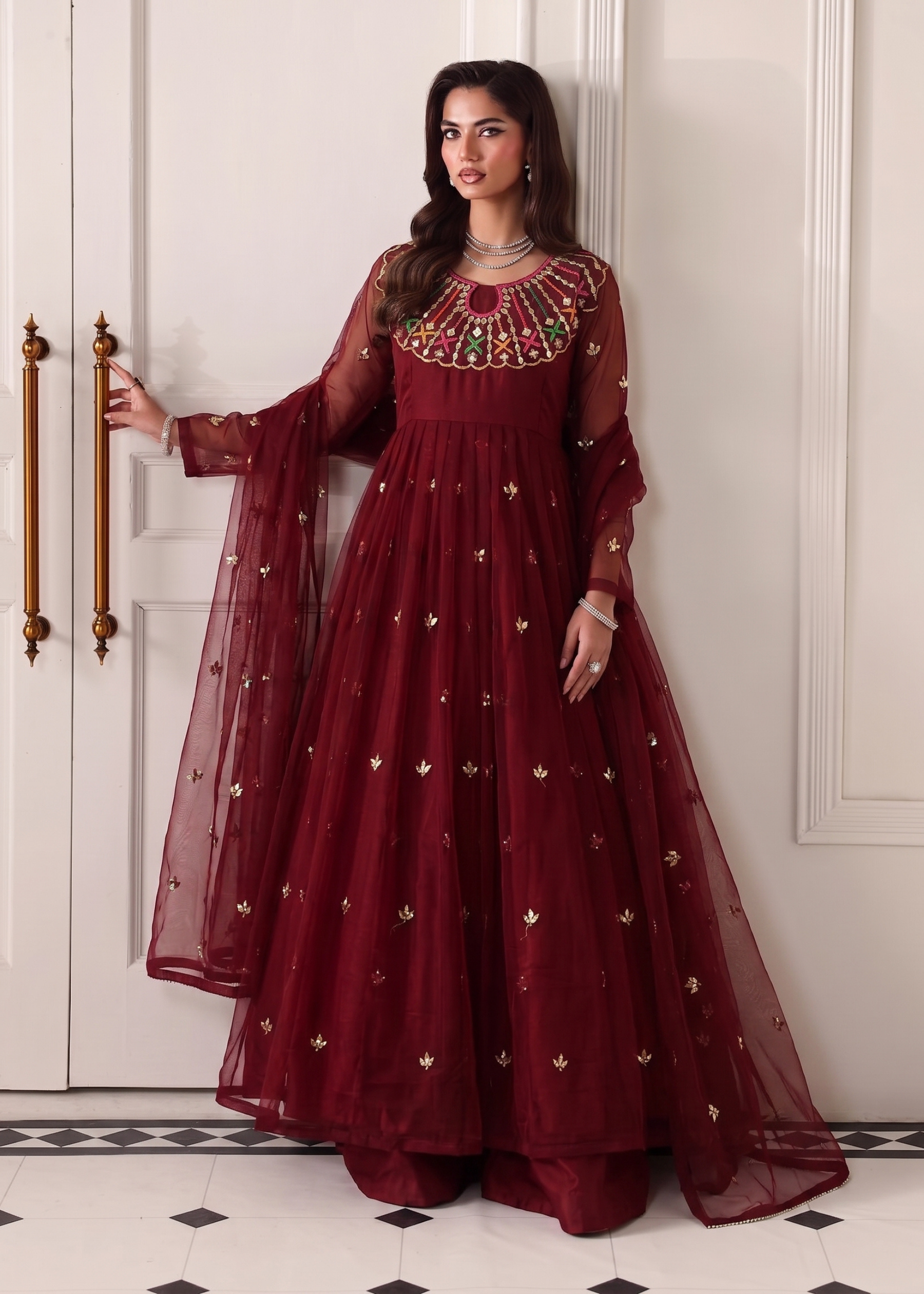 poly organza Anarkali in Maroon
