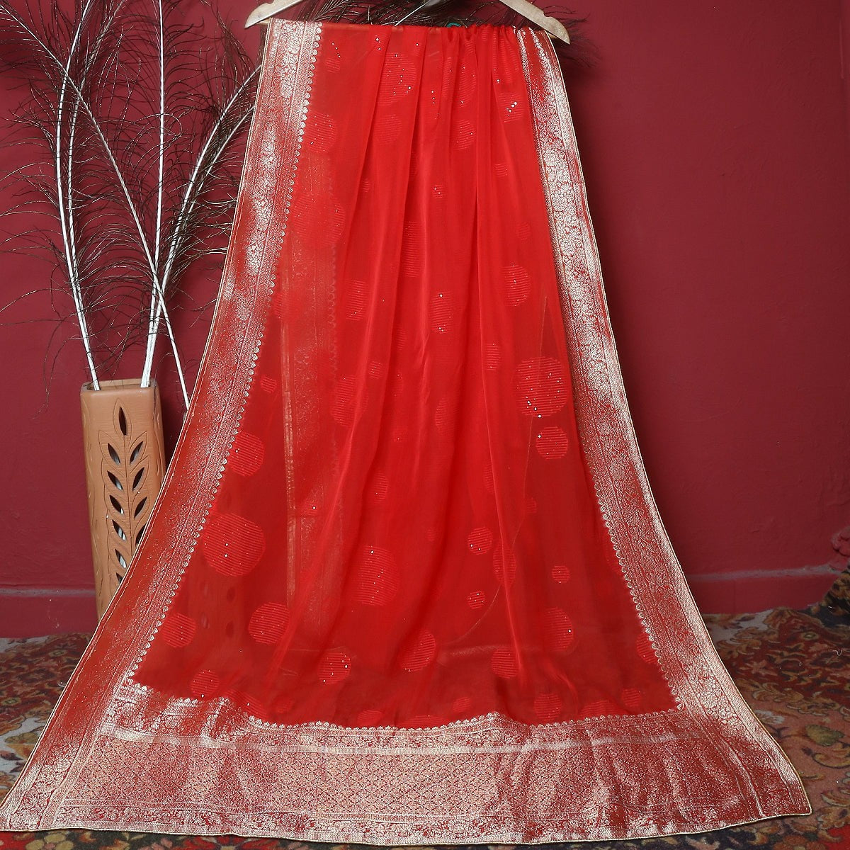 Dupatta in Red Color by - Trendy Women Dupatta KDR7370
