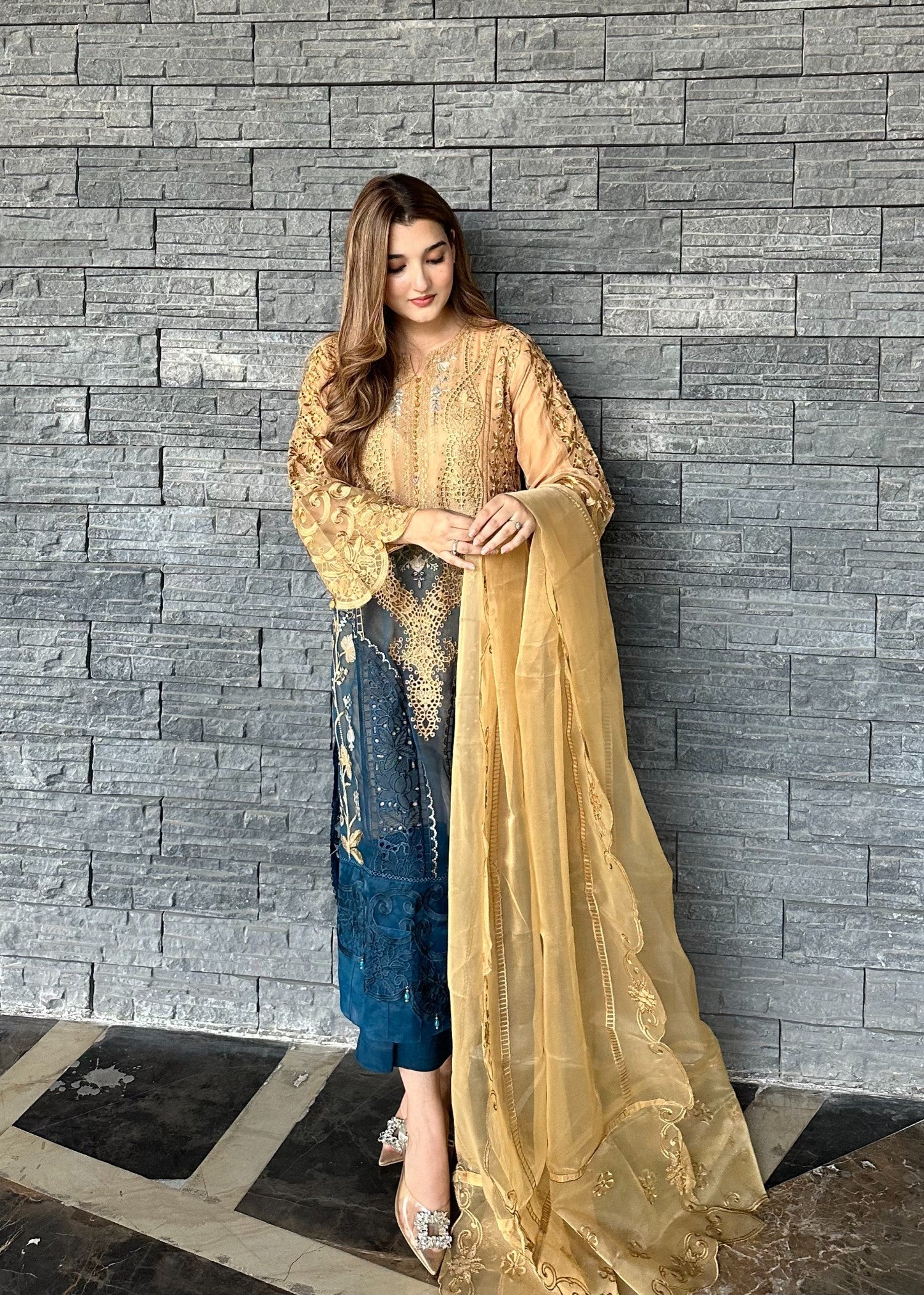 chiffon Kurta Set in Teal, buttercream