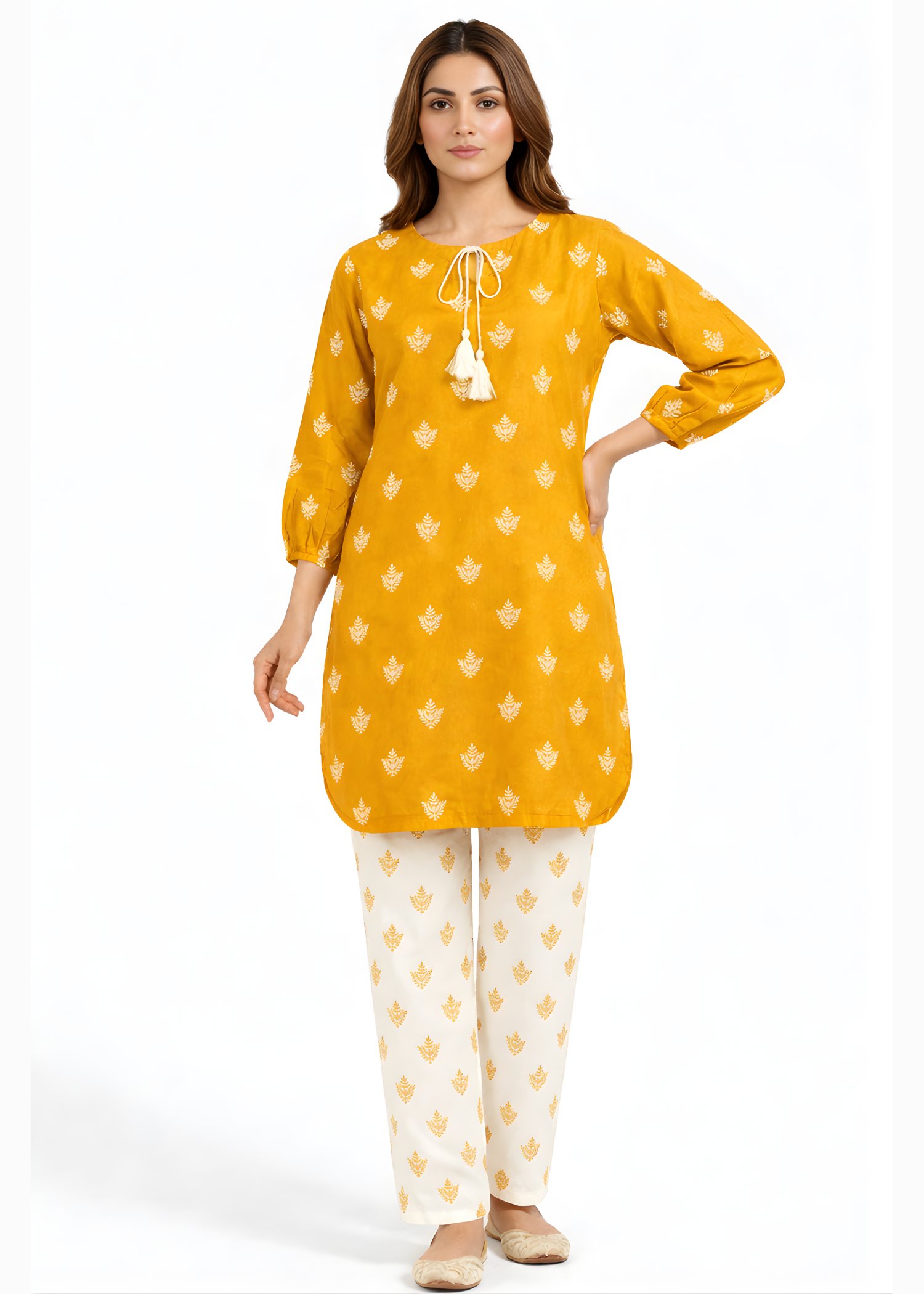 linen Kurta Set in Mustard, cream
