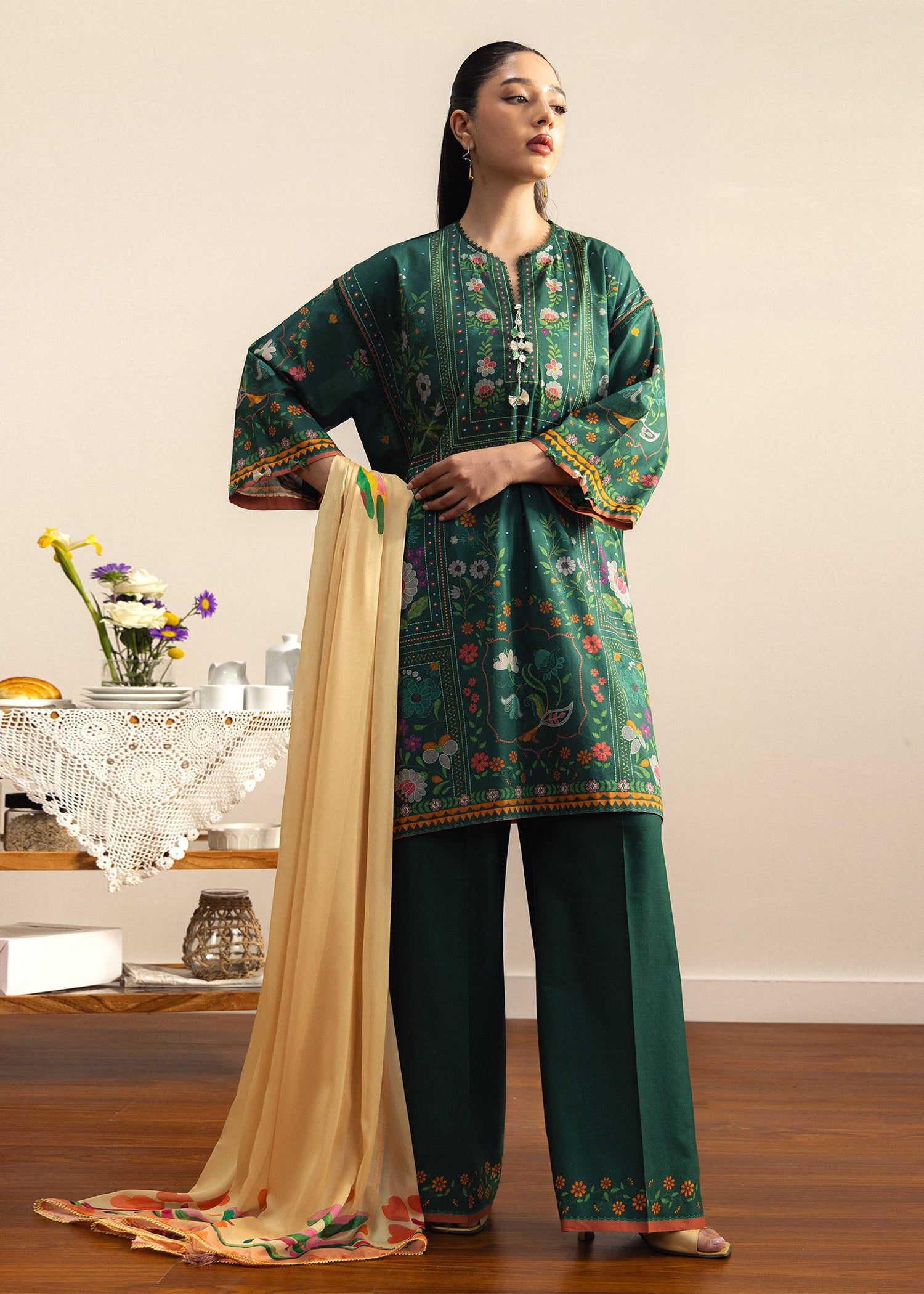lawn Unstitched in Dark green