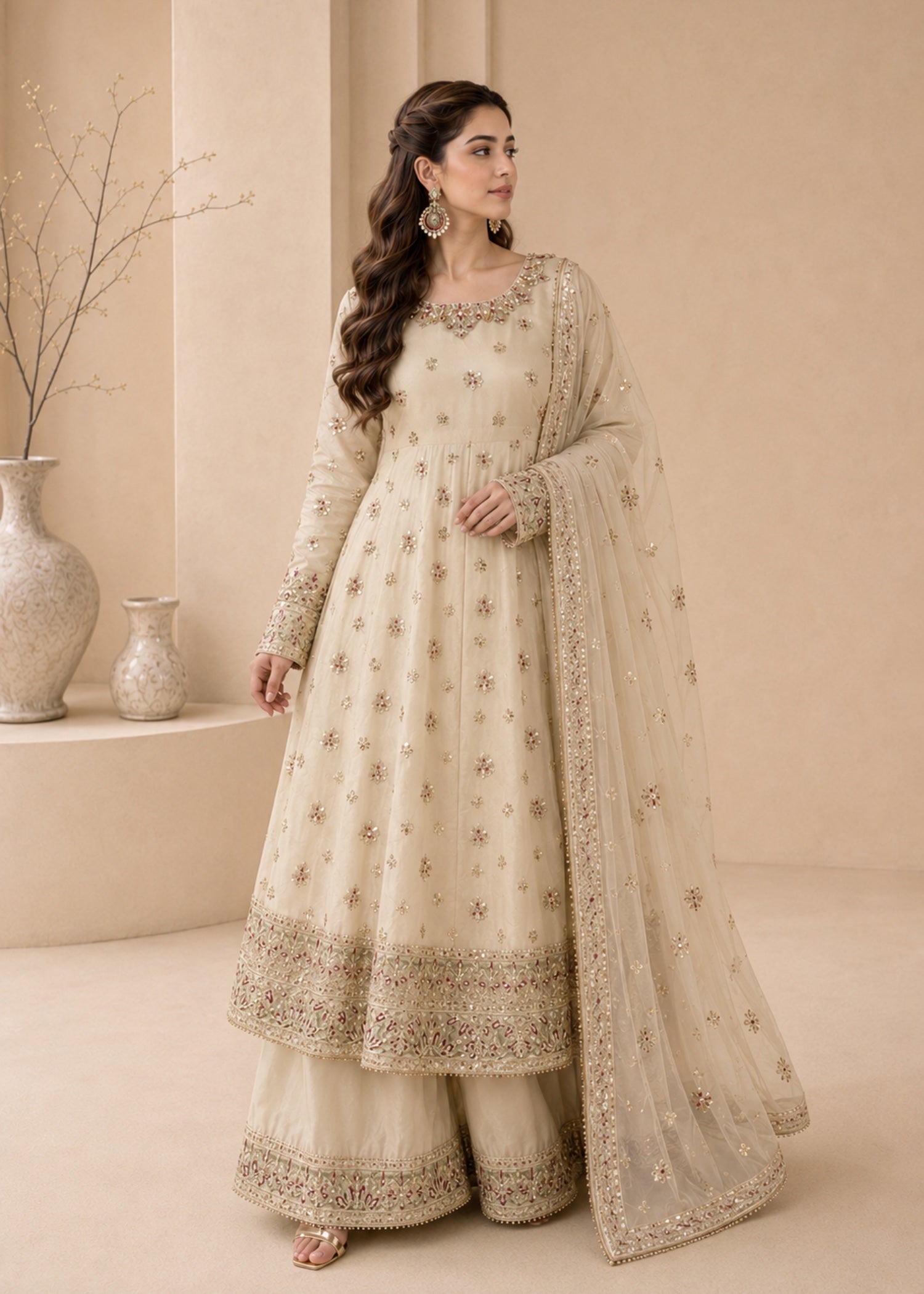 silk Pishwas in Cream