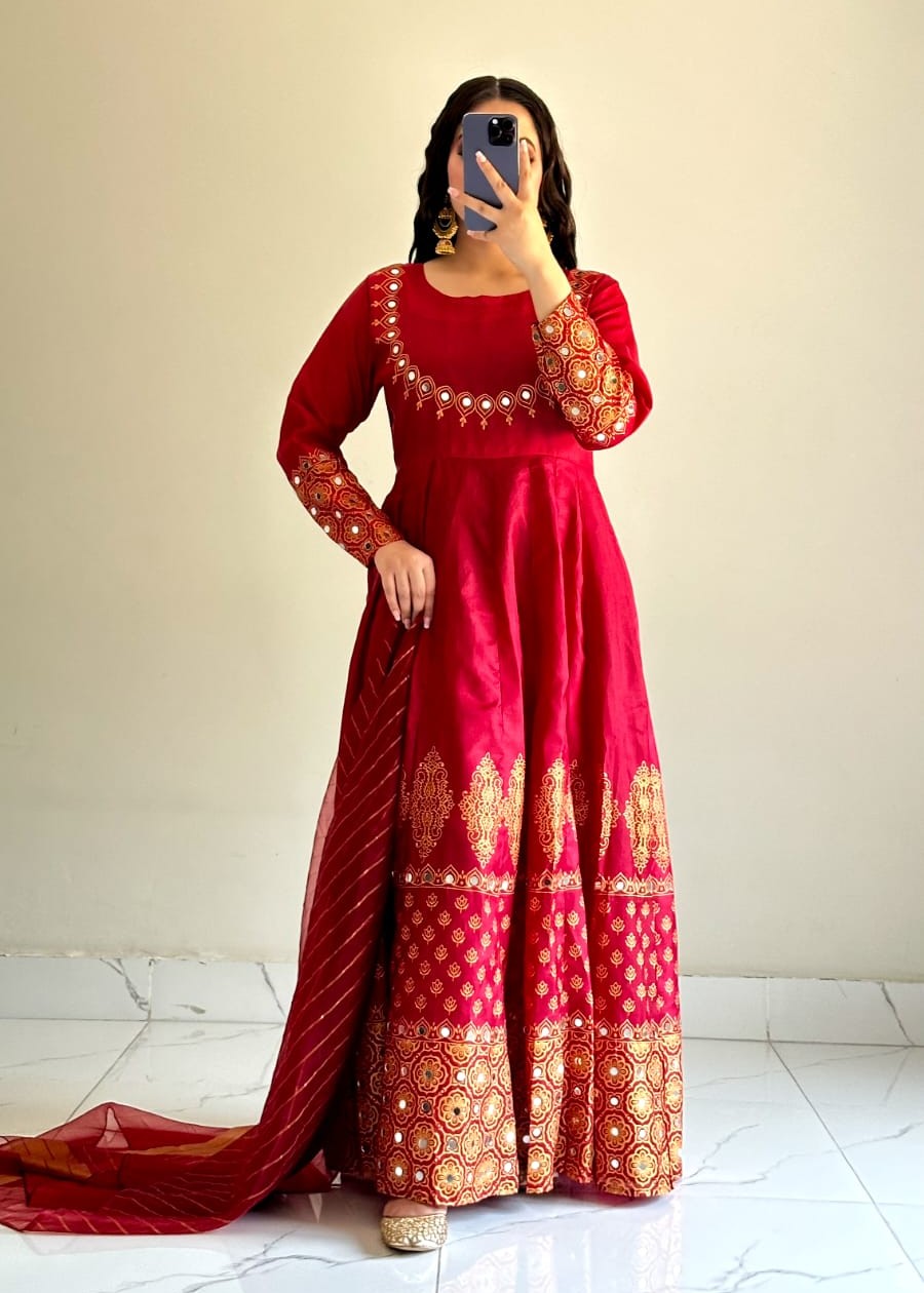 cotton satin Anarkali in Maroon