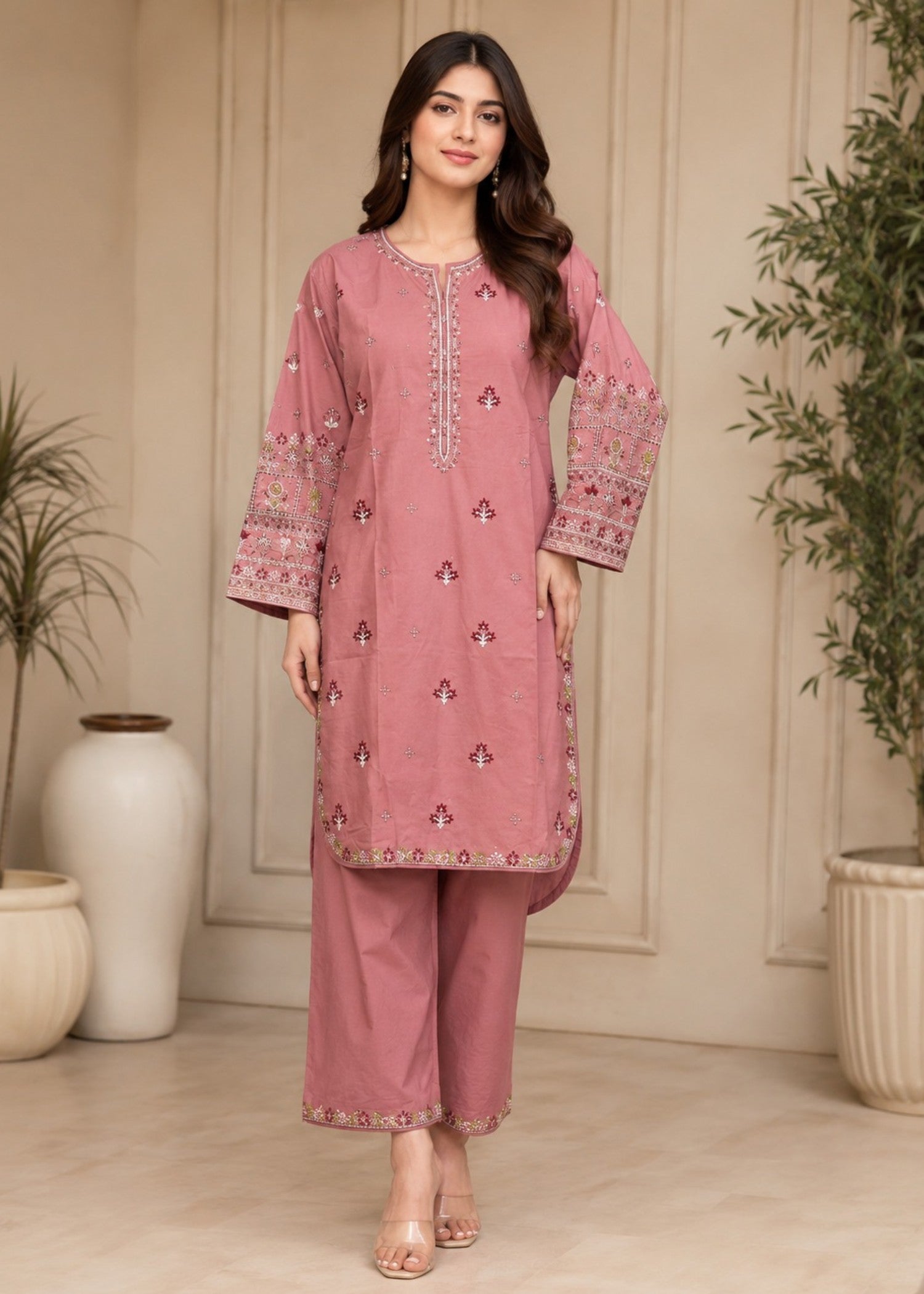 lawn cotton Kurta Set in Pink