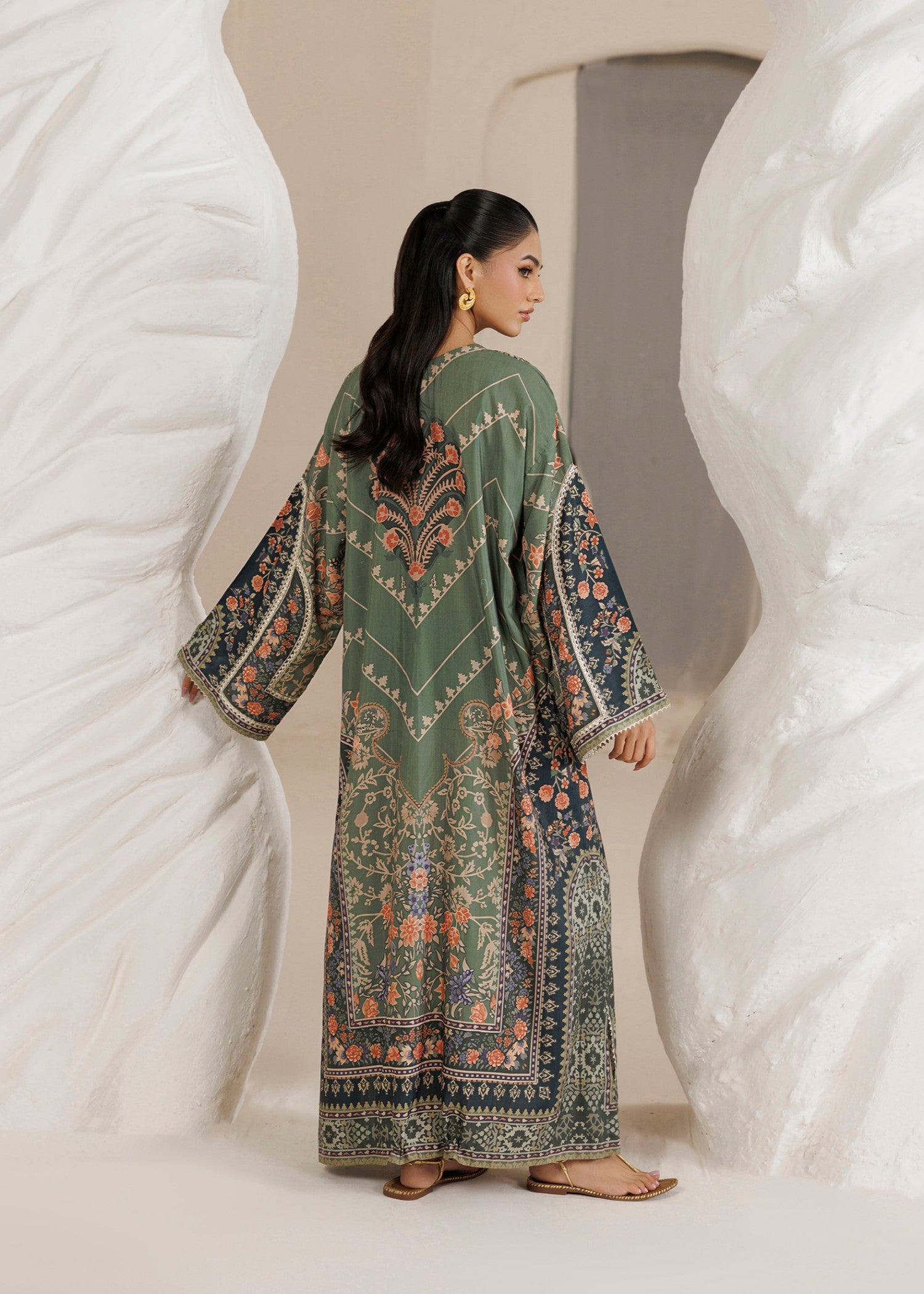raw silk Kaftan in Avocado green