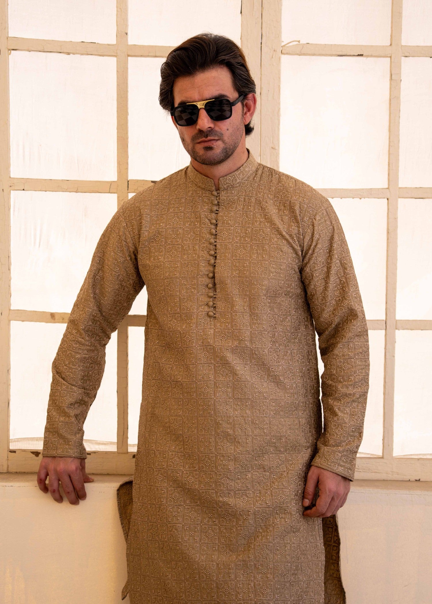 cotton silk Kurta Set in Khaki brown, golden brown