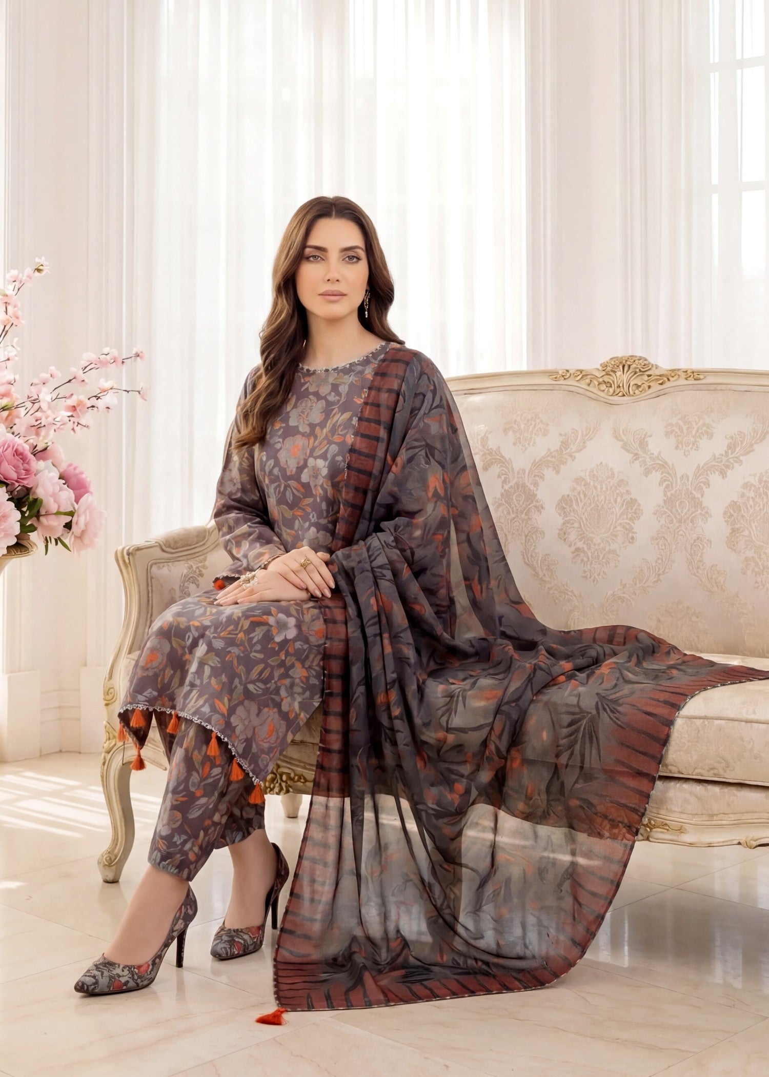 poly lawn Kurta Set in Charcoal