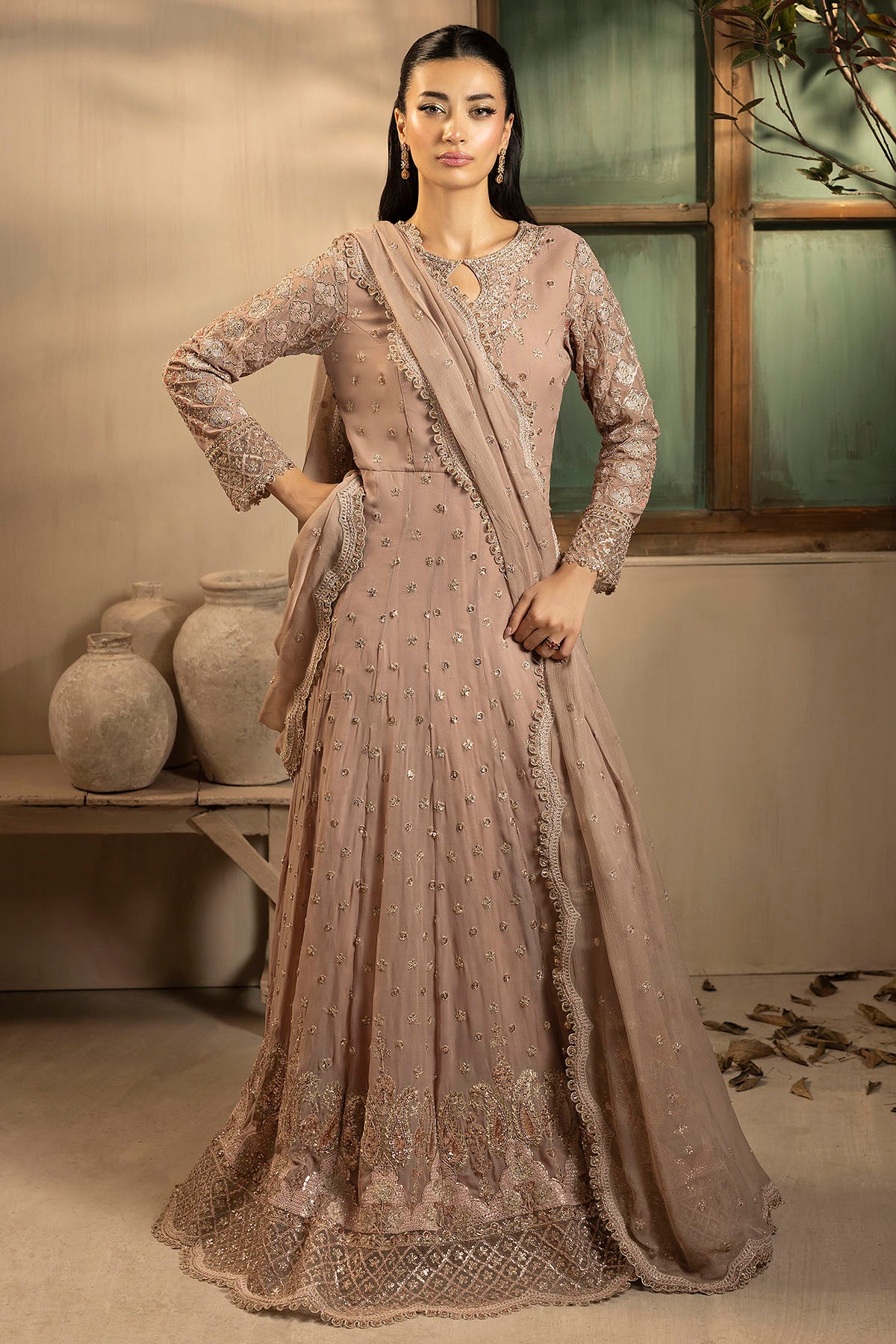 crinkle chiffon Unstitched in Beige