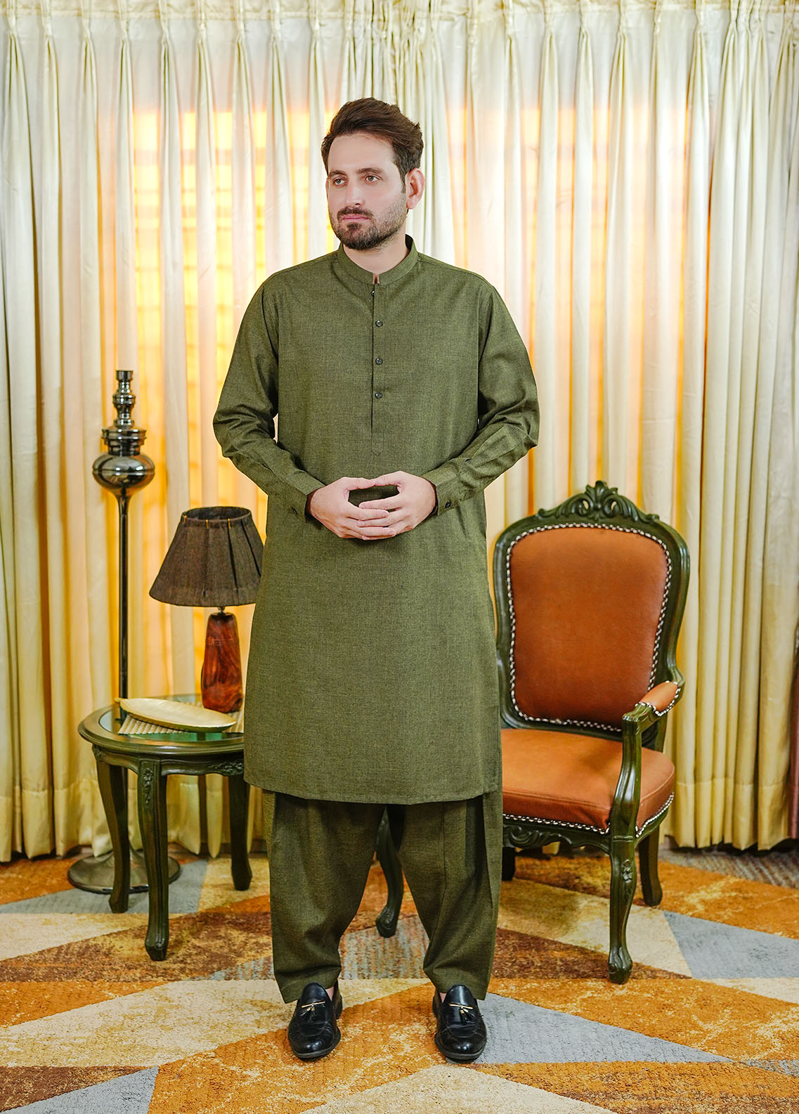 acrylic wool Shalwar Kameez in Olive green