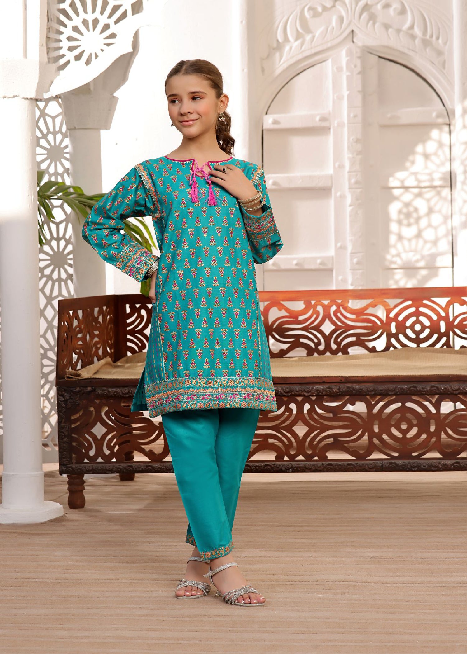 lawn Kurta Set in Turquoise
