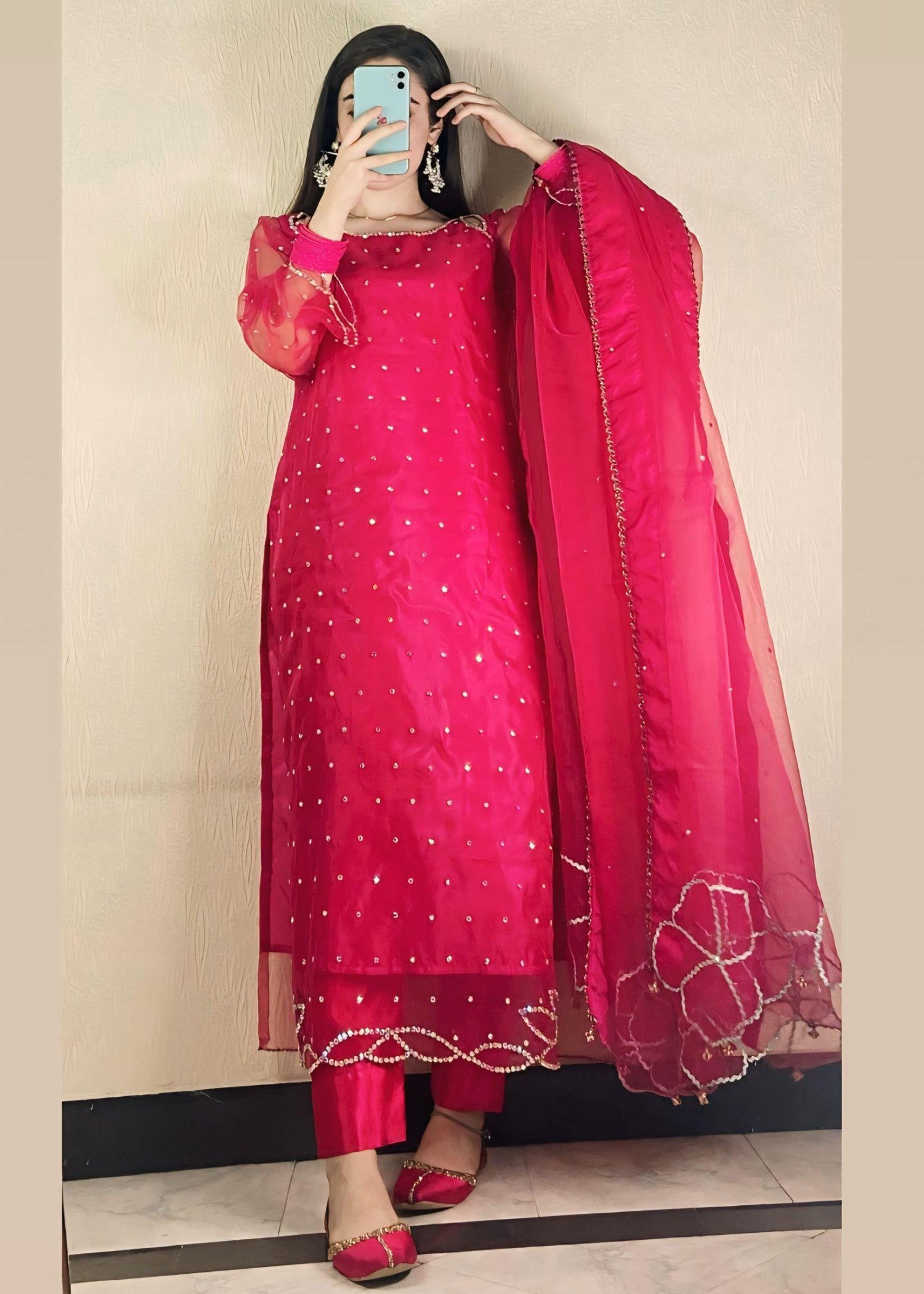 kattan silk Kurta Set in Shocking pink