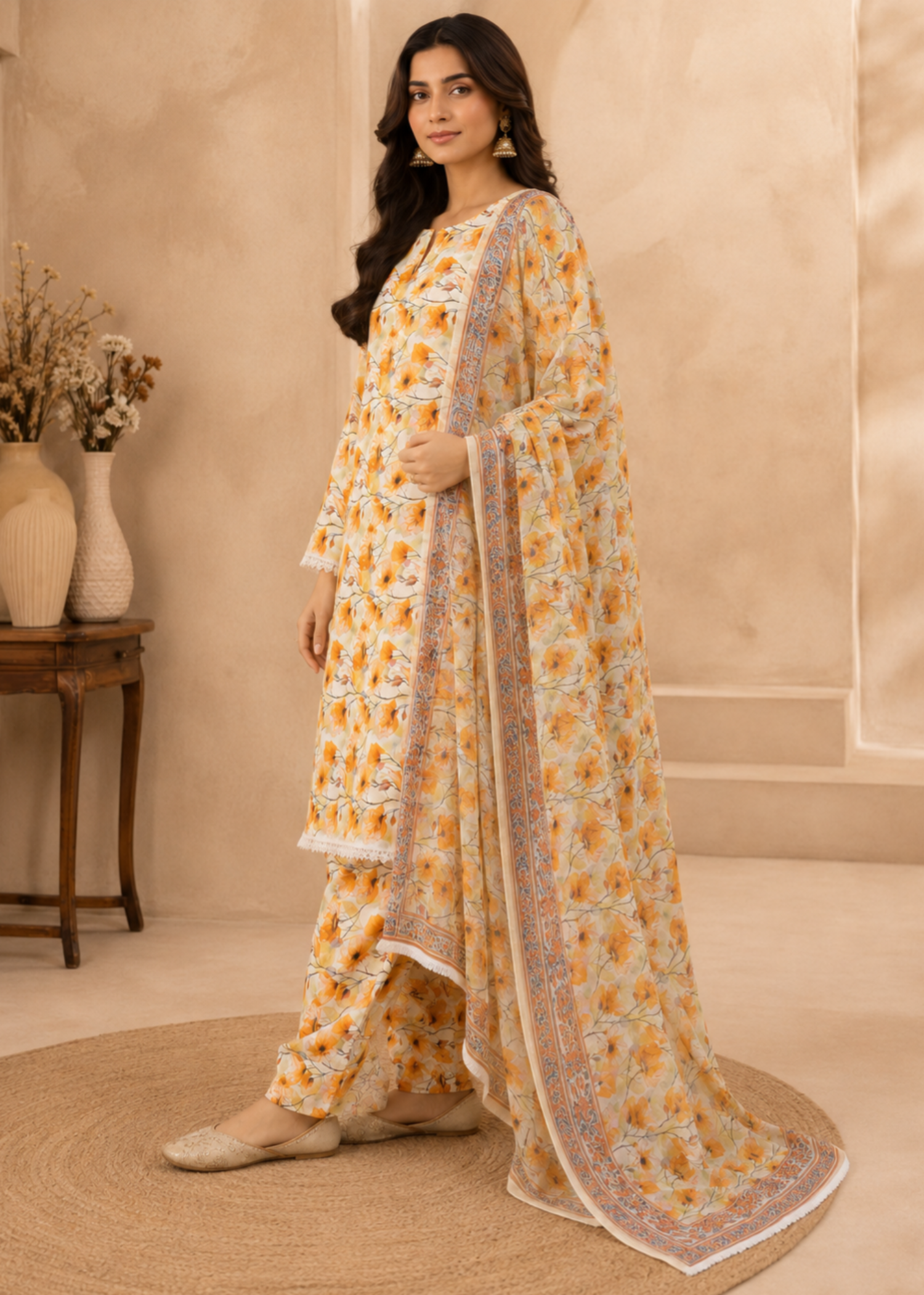 swiss lawn Unstitched in Off-white, yellow