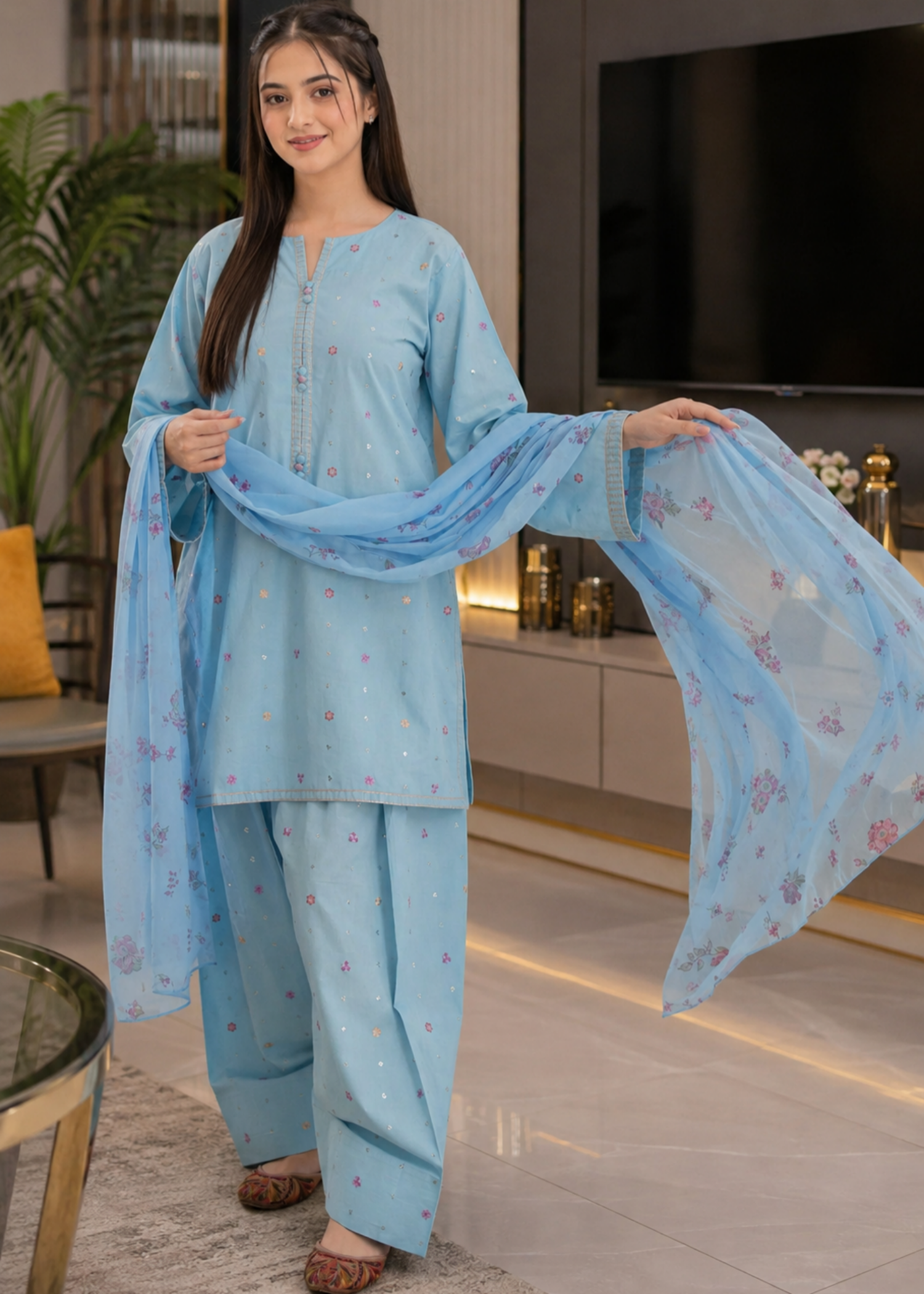 cotton linen Kurta Set in Sky