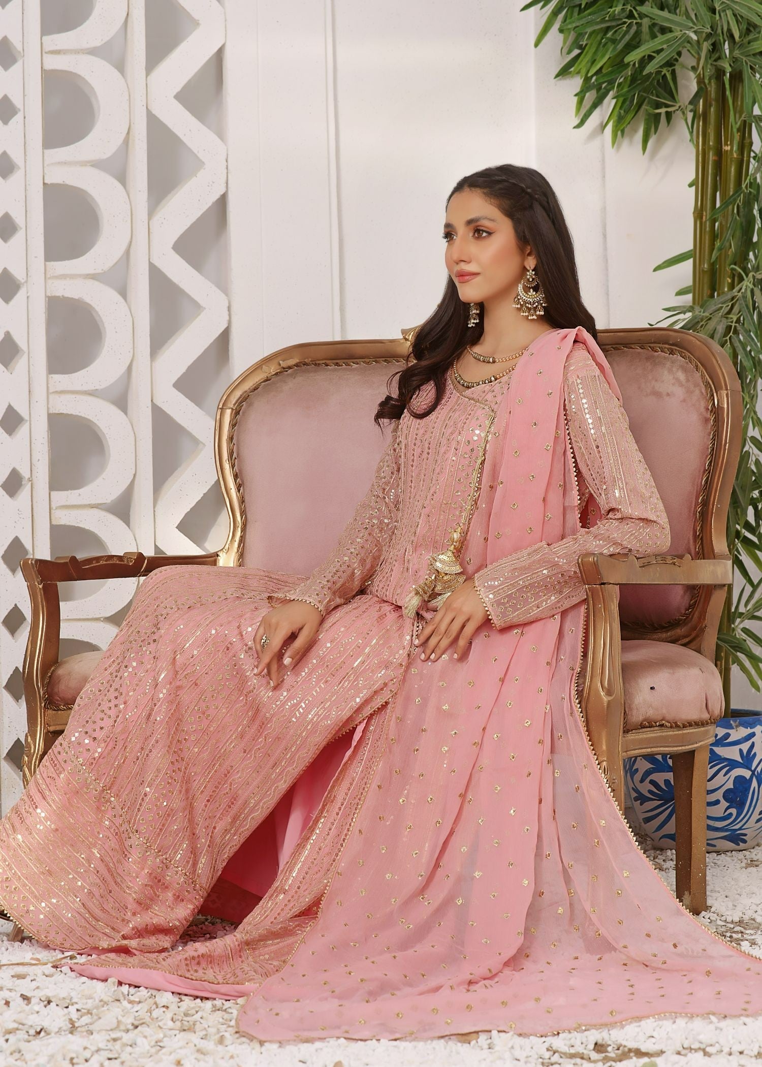 chiffon Angrakha in Baby pink