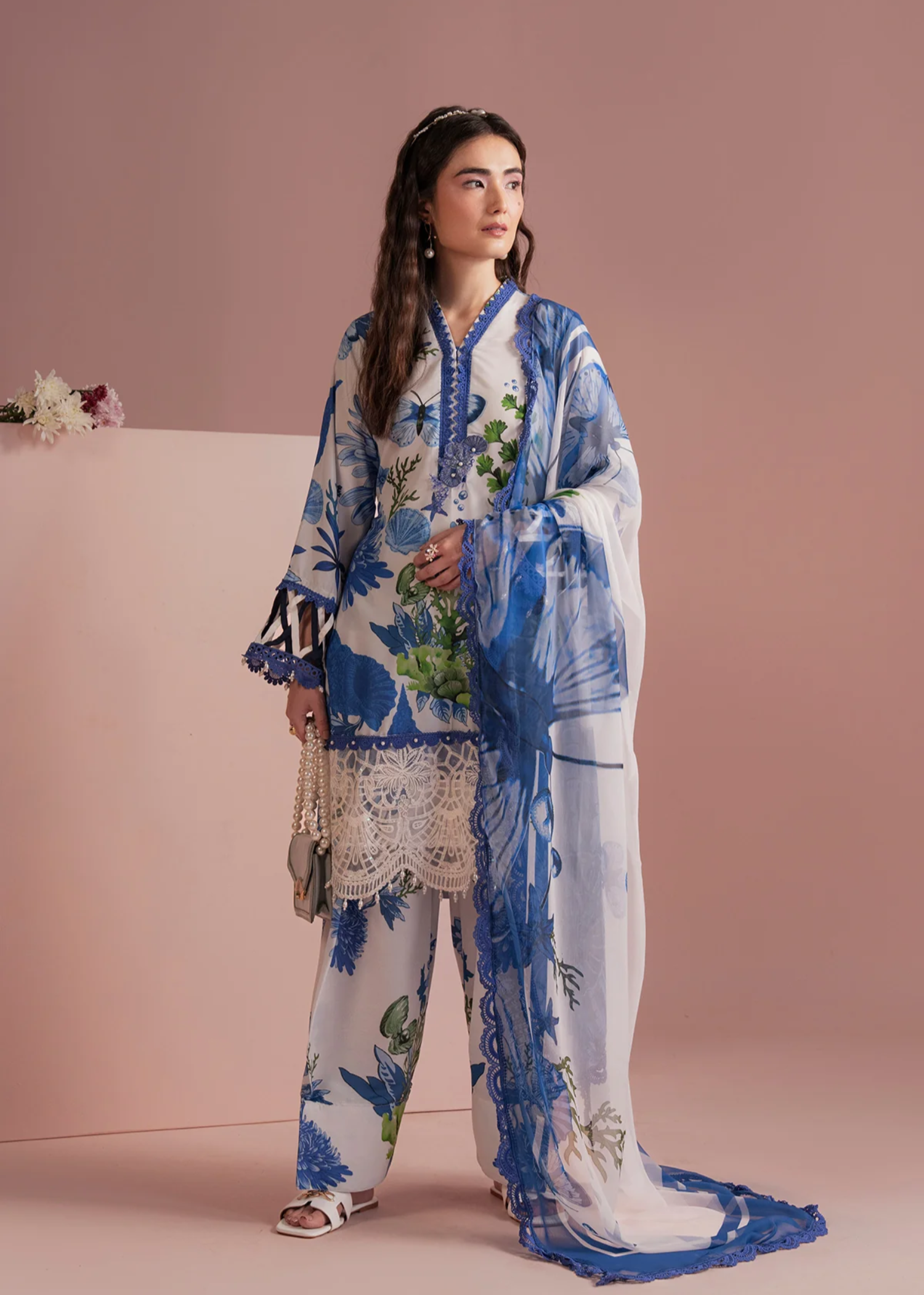 lawn Kurta Set in Blue, white
