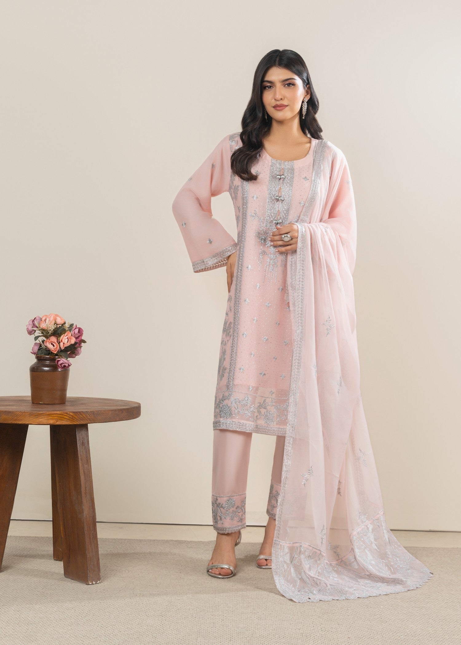 chiffon Kurta Set in Pale pink