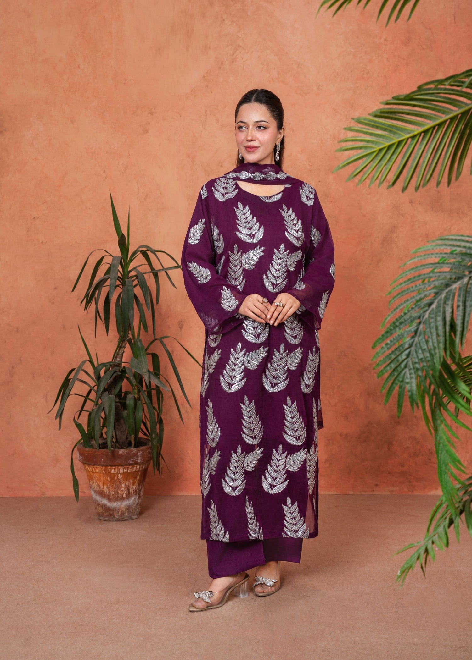 crinkle chiffon Kurta Set in Purple