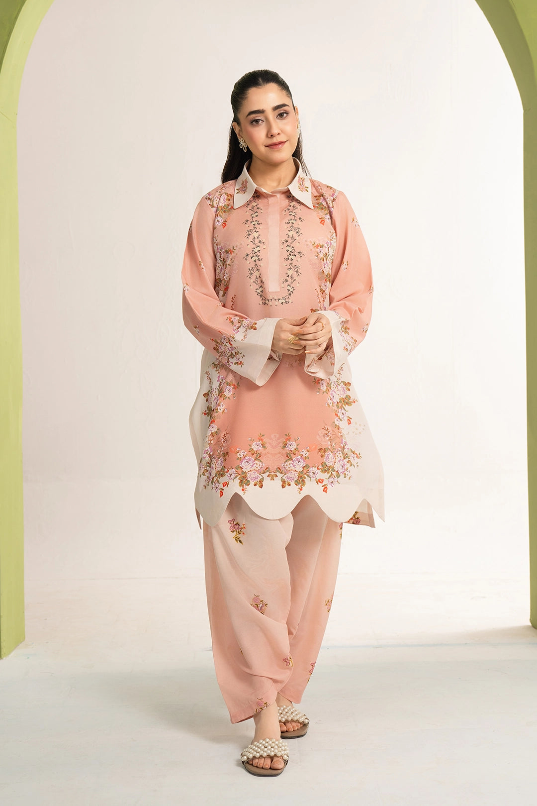 silk finish lawn Kurta Set in Peach pink