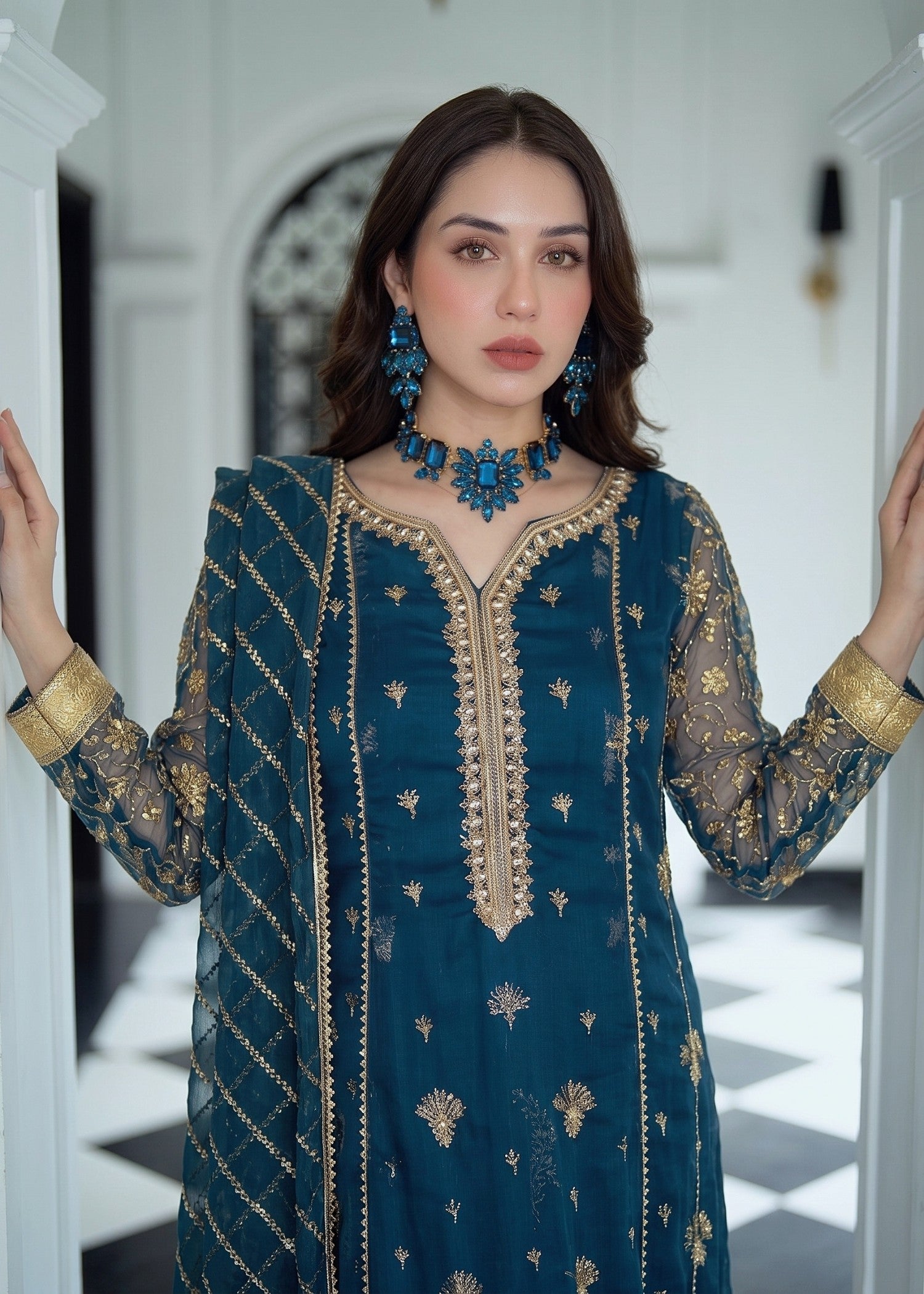chiffon Anarkali in Prussian blue, twilight blue