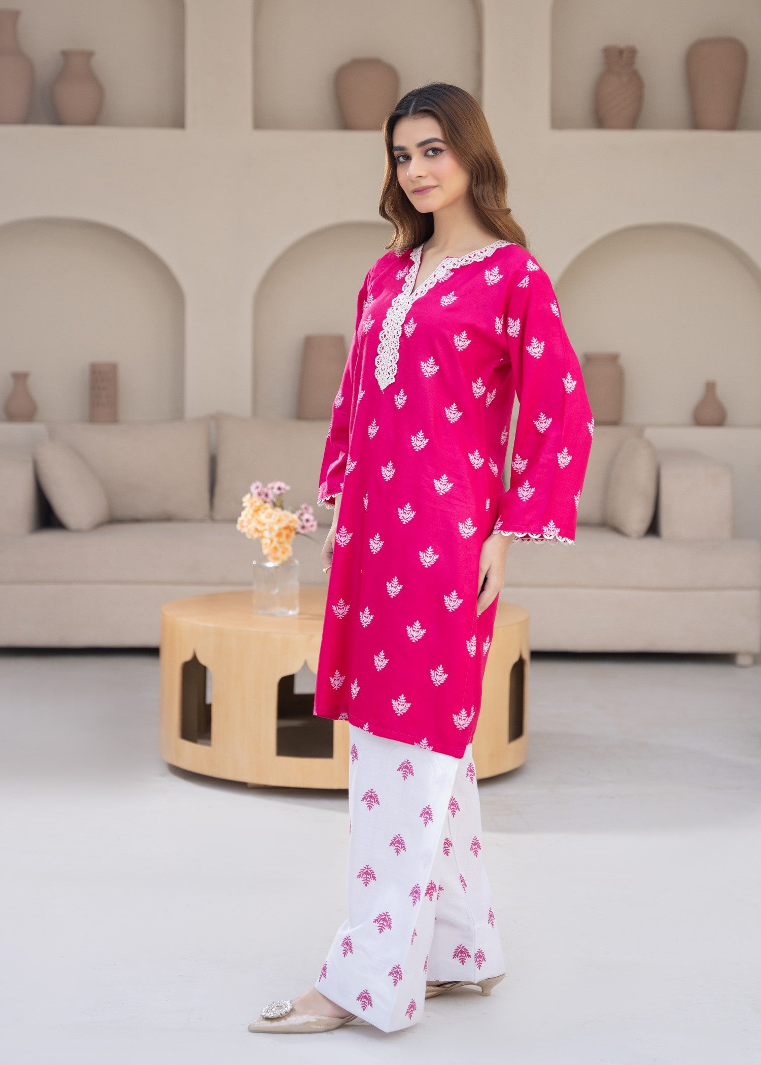 linen Kurta Set in White, hot pink red