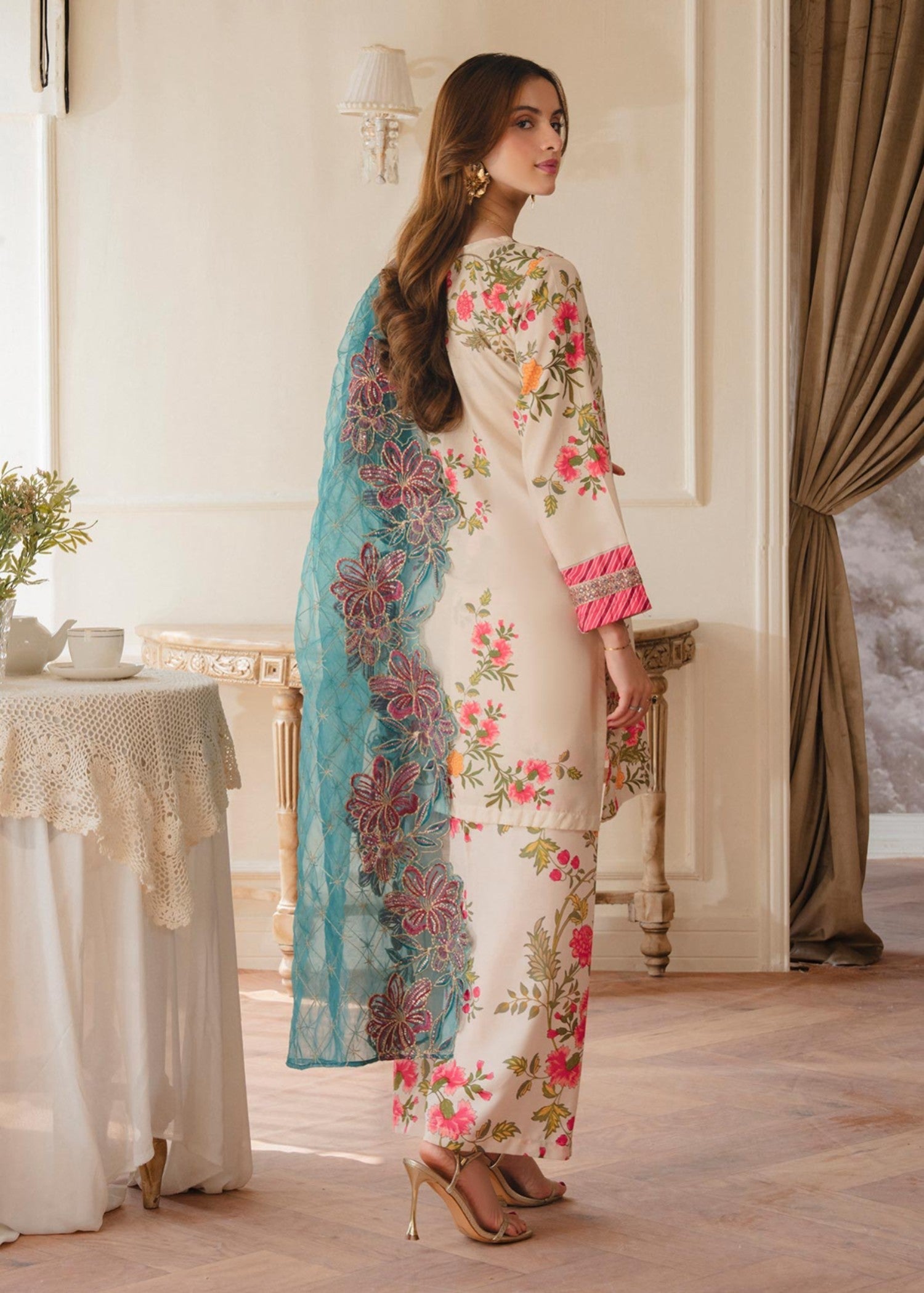 poly lawn Kurta Set in Teal, red, off-white