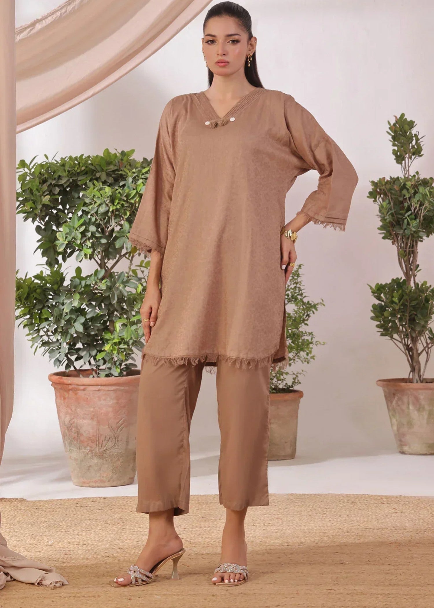 polyester georgette Co Ord Sets in Camel brown