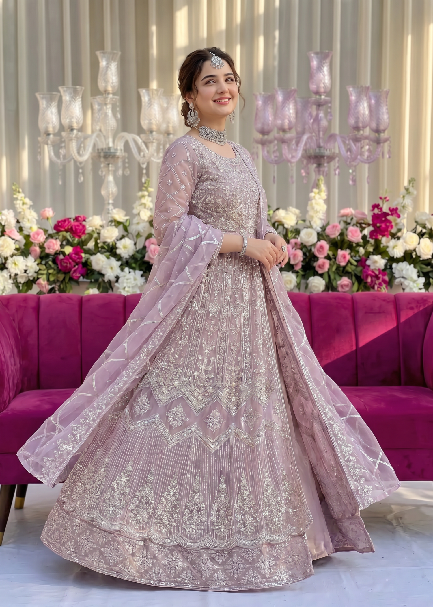 organza Pishwas in Lilac