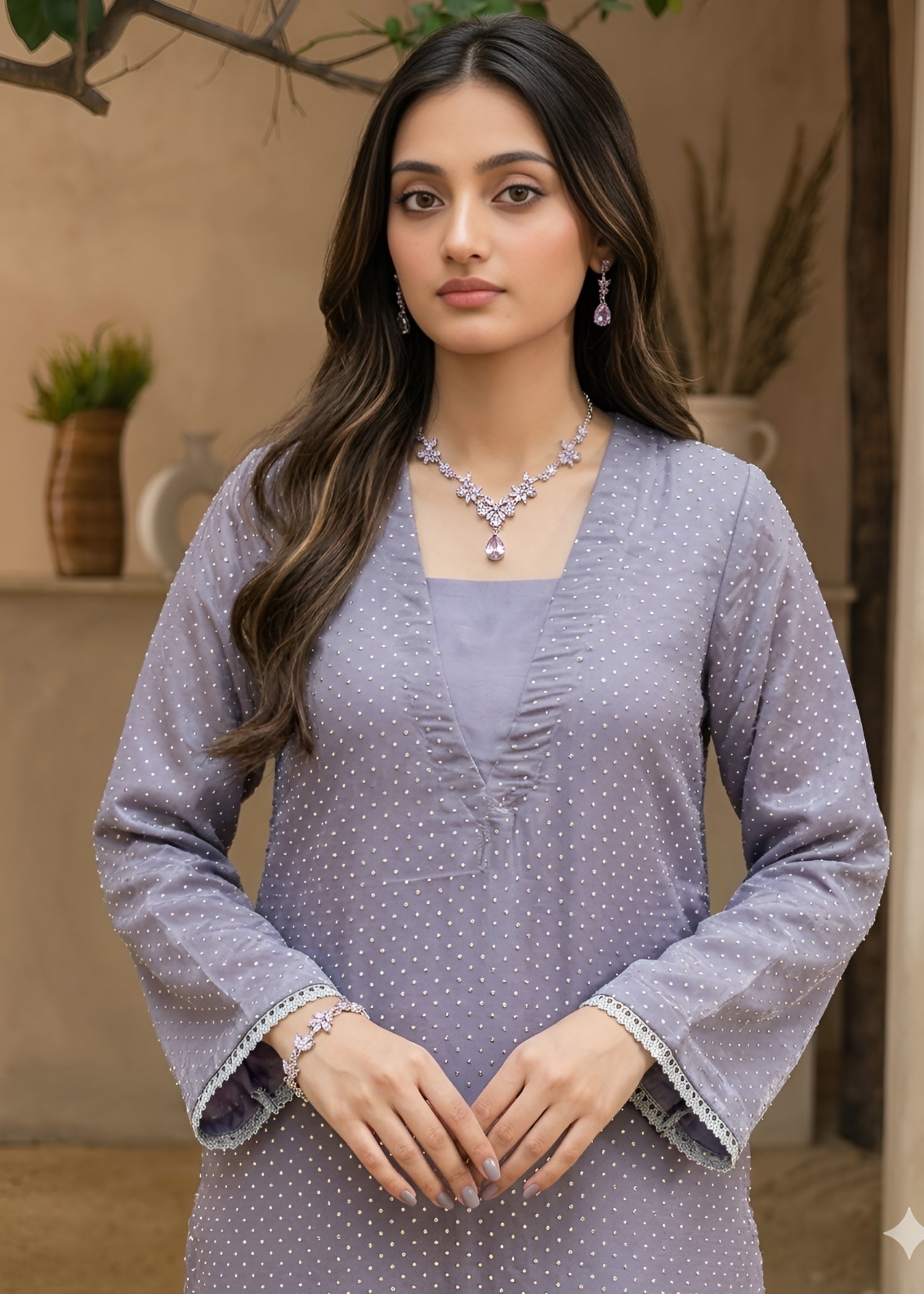 chiffon silk Kurta Set in Lavender, lavender grey