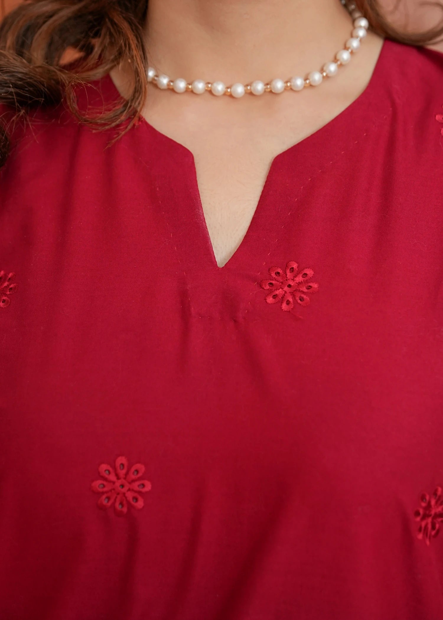 lawn Kurta Set in White, maroon