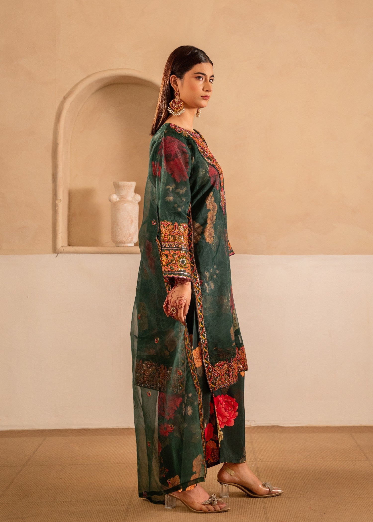 organza Kurta Set in Dark green
