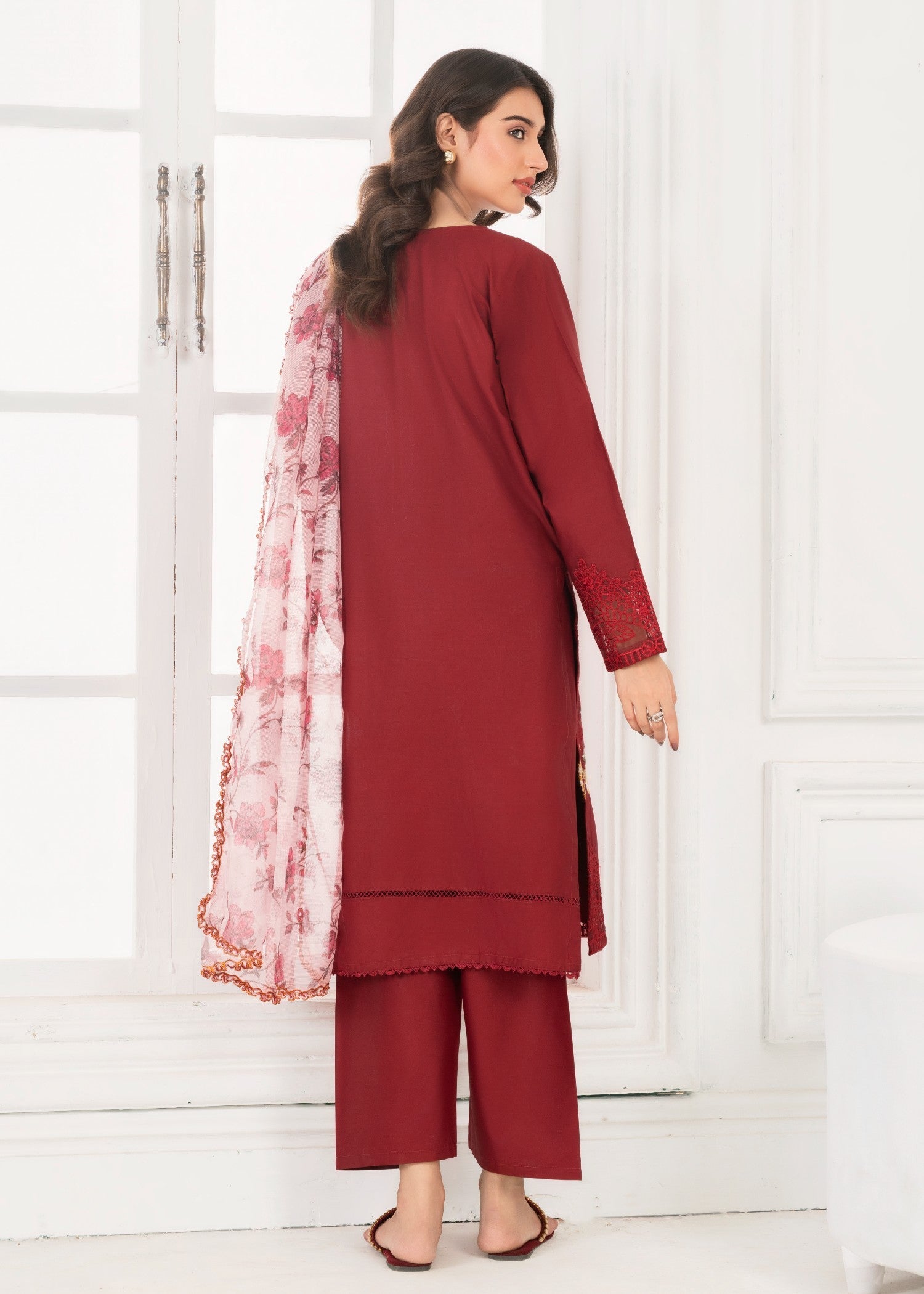 cambric Kurta Set in Crimson