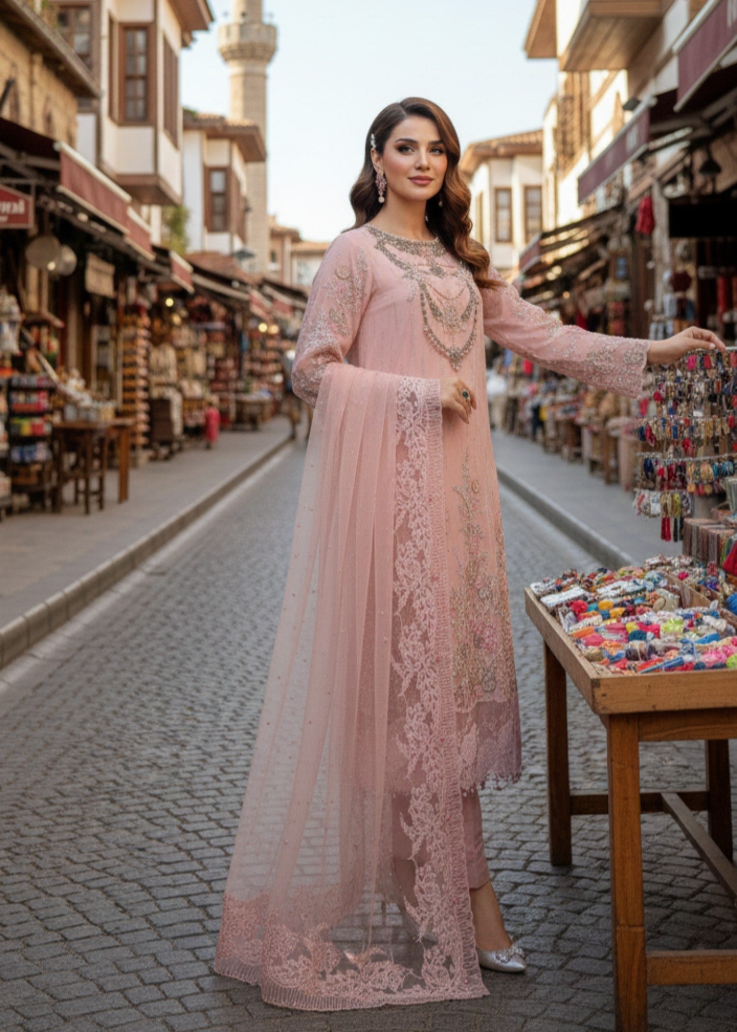 crinkle chiffon Kurta Set in Light pink