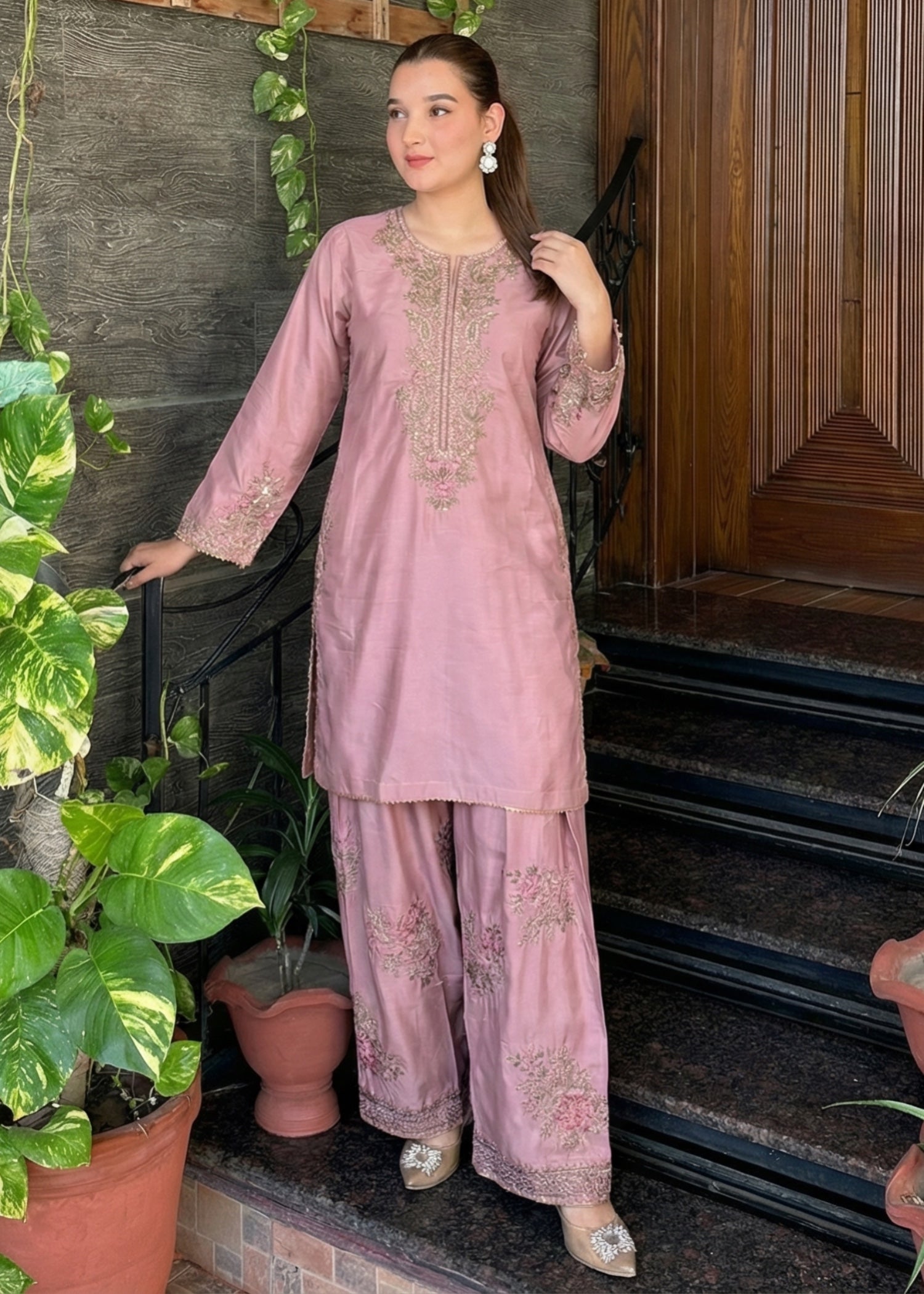 silk Kurta Set in Mauve pink