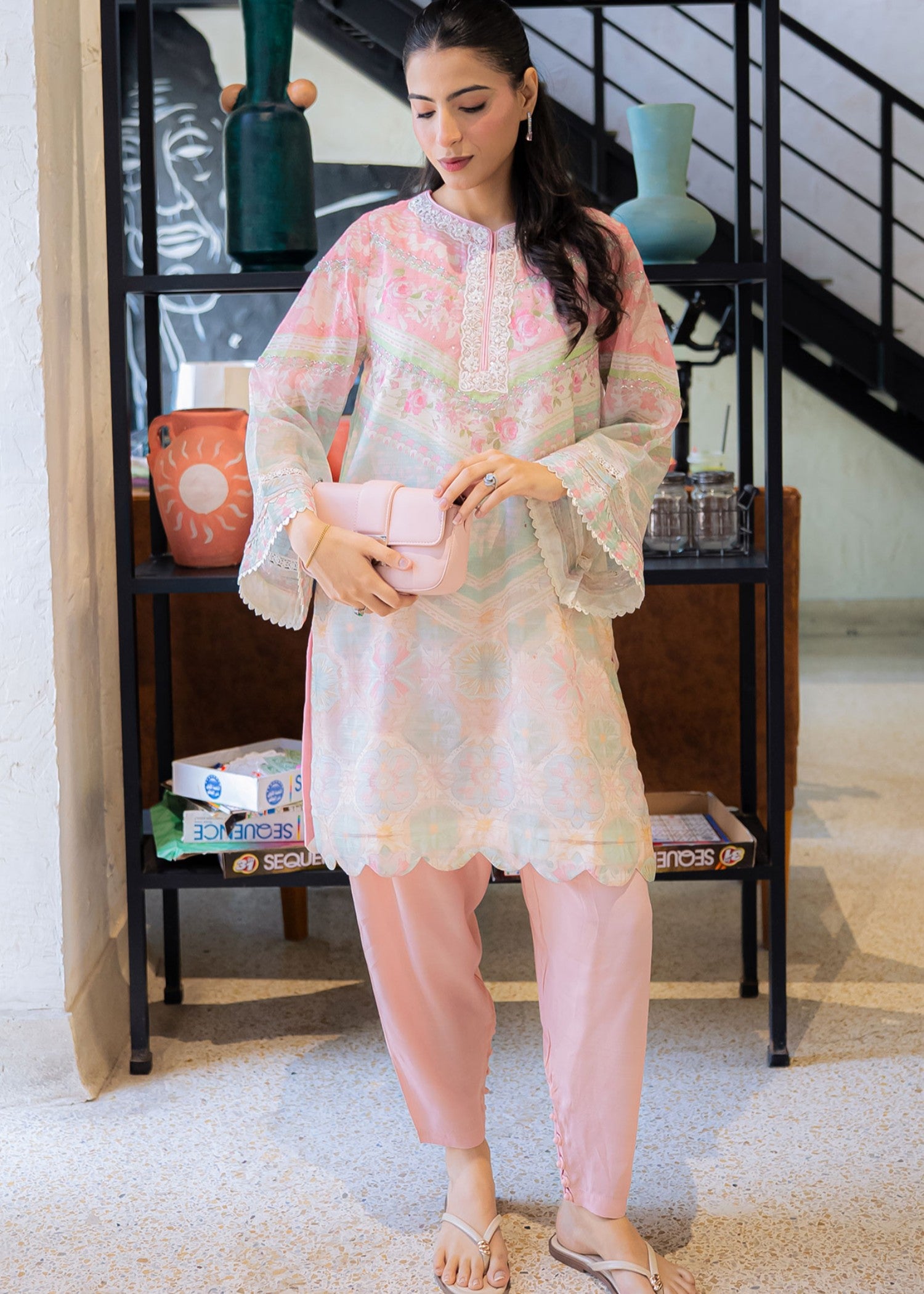 manaar Kurta Set in Pink, pearl white