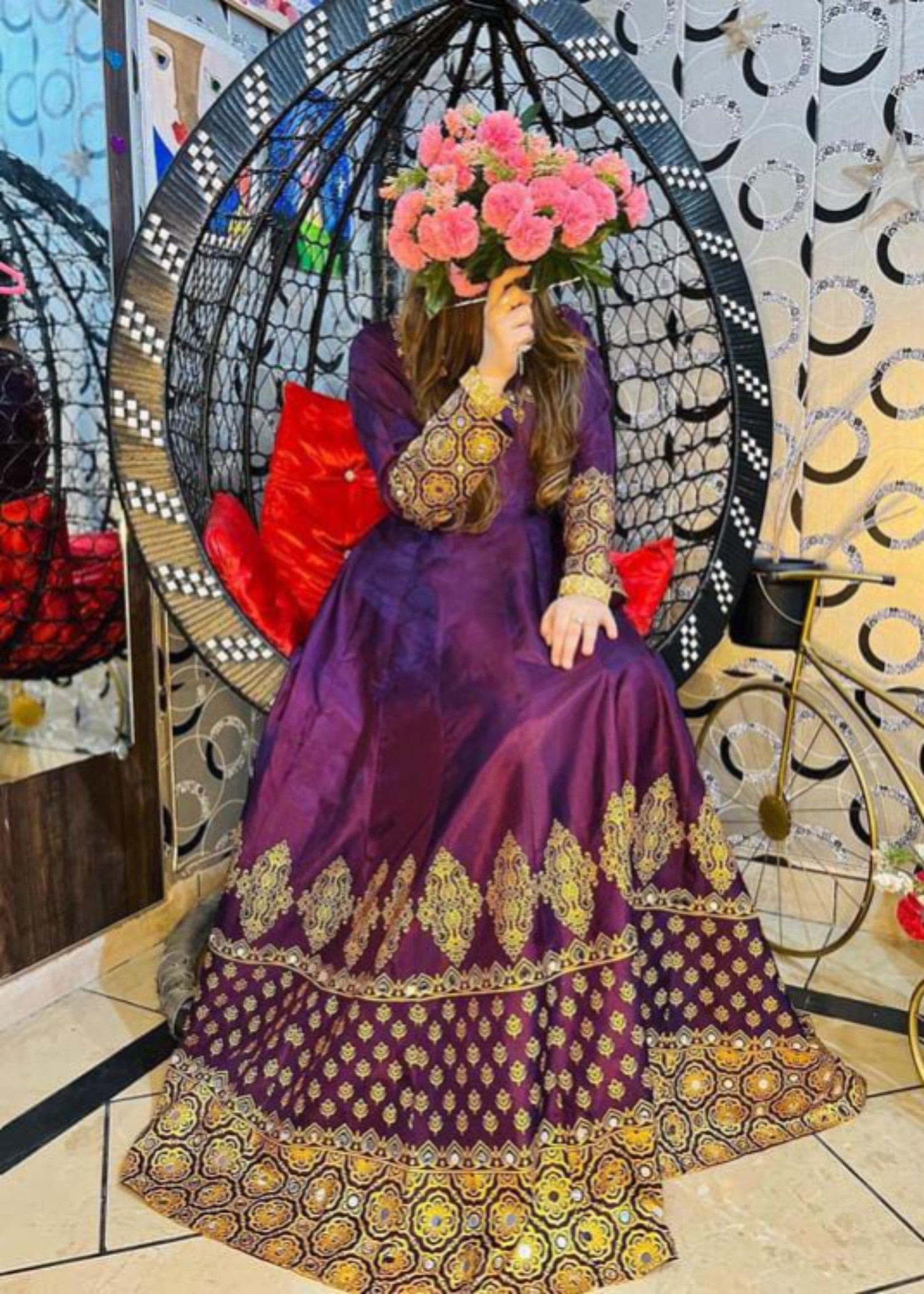cotton satin Anarkali in Purple
