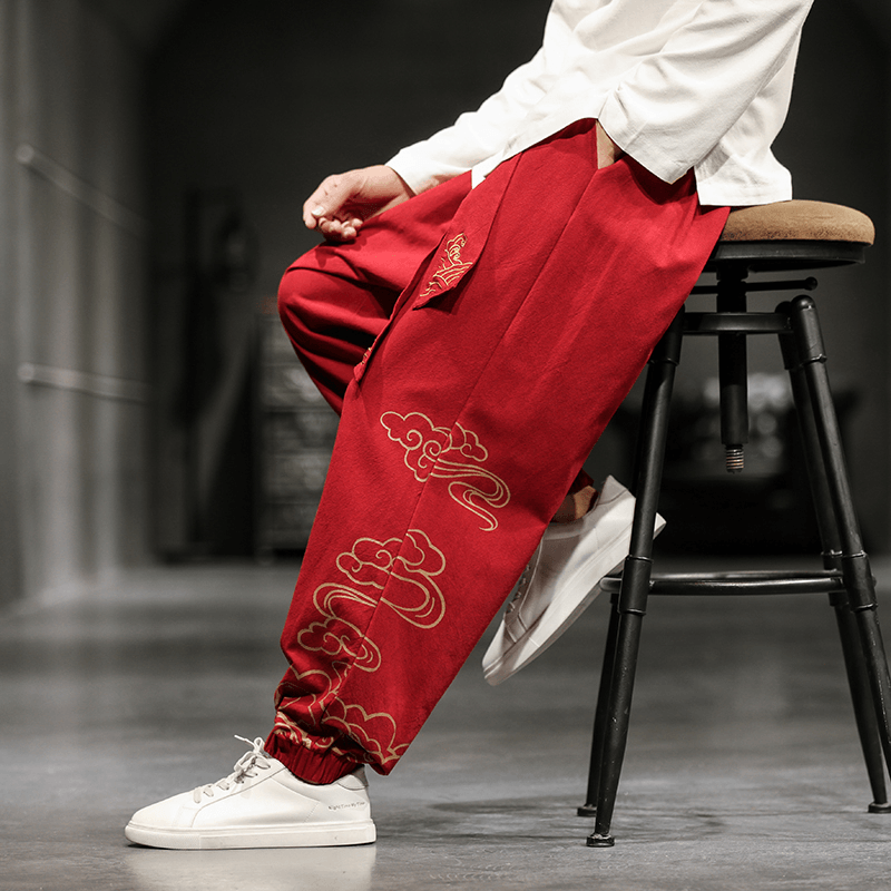 New Chinese Style Men'S Trousers Printed Loose Wide-Leg Trousers plus Size