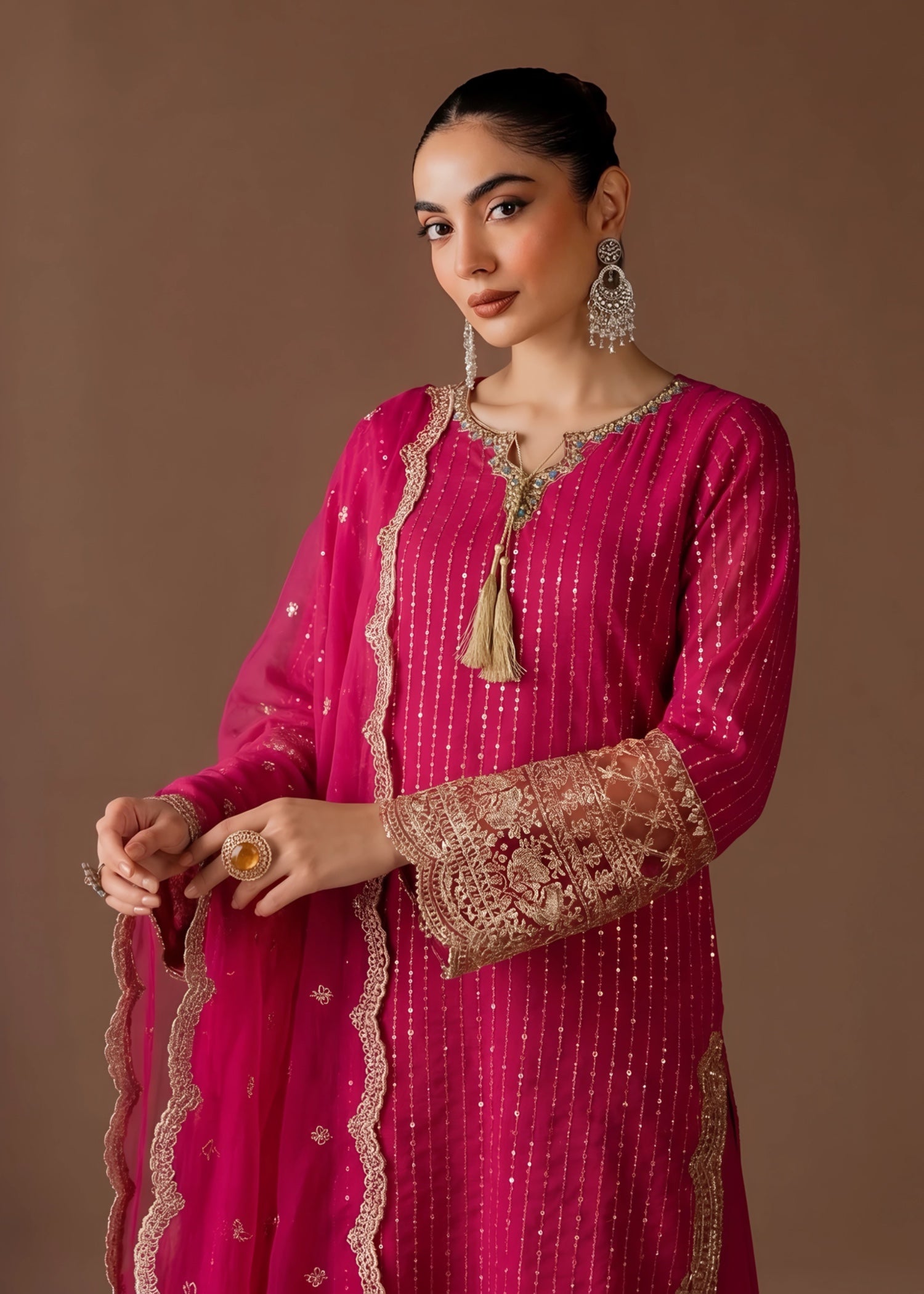 chiffon Kurta Set in Hot pink