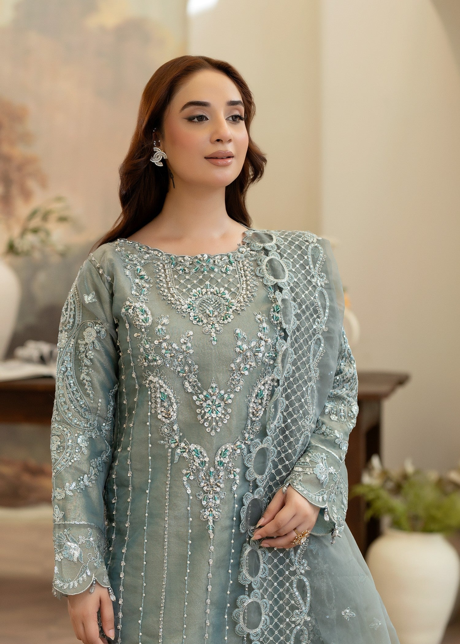 organza Kurta Set in Eucalyptus green